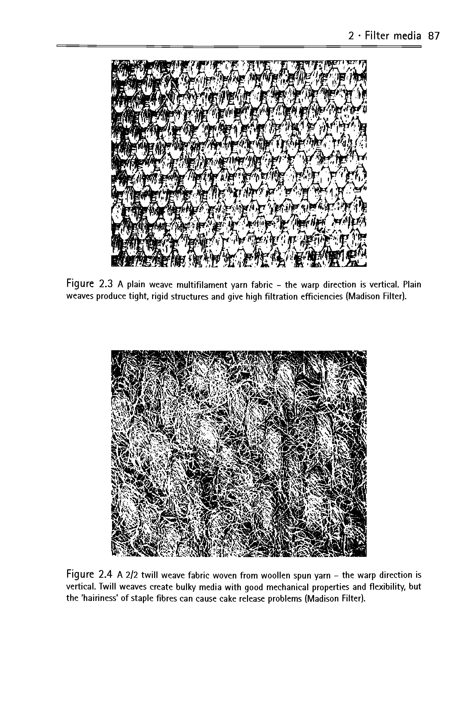 Figure 2.4 A 2/2 twill weave fabric woven from woollen spun yarn - the warp direction is vertical. Twill weaves create bulky media with good mechanical properties and flexibility, but the hairiness of staple fibres can cause cake release problems (Madison Filter).