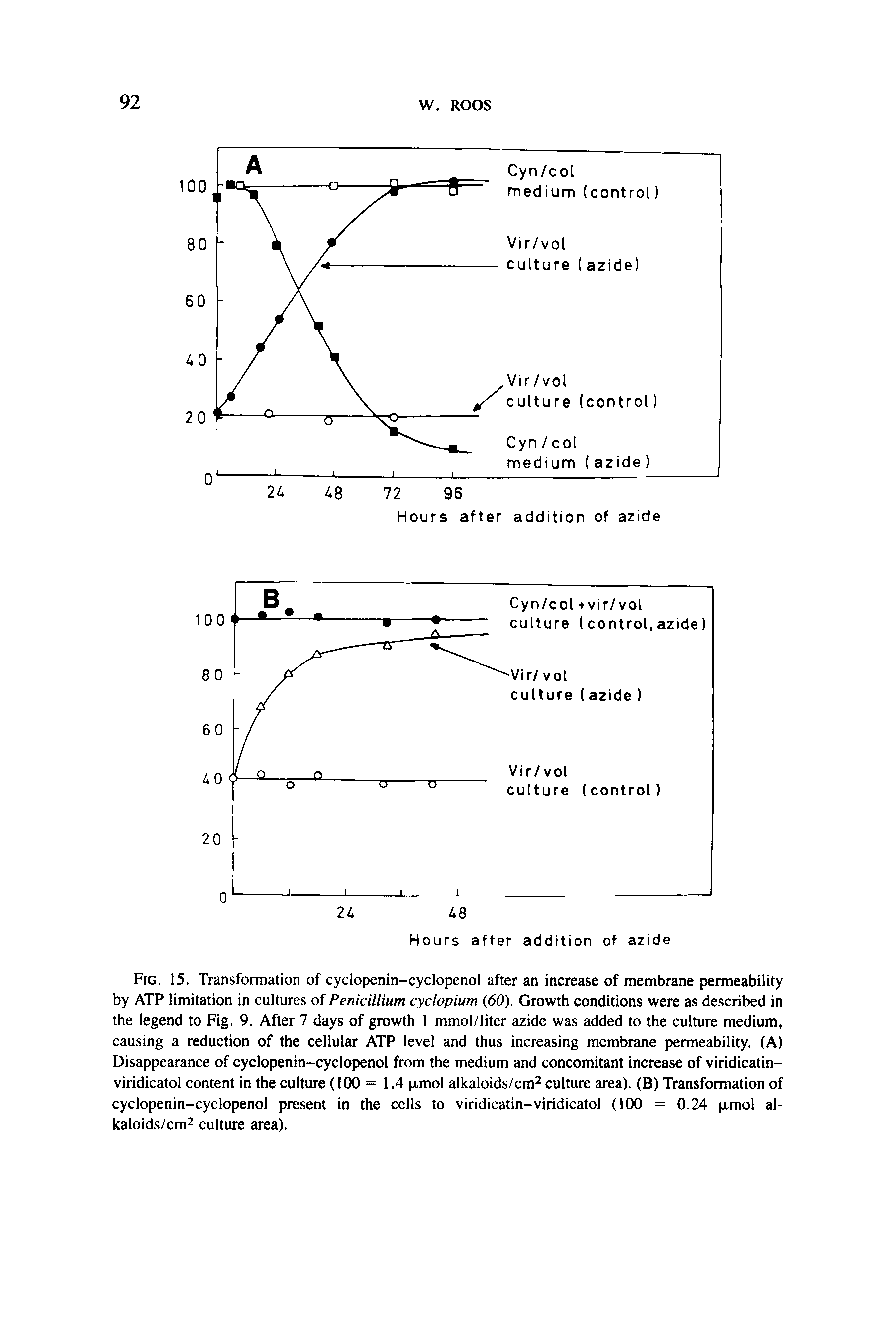 Fig. 15. Transformation of cyclopenin-cyclopenol after an increase of membrane permeability by ATP limitation in cultures of Penicillium cyclopium (60). Growth conditions were as described in the legend to Fig. 9. After 7 days of growth 1 mmol/liter azide was added to the culture medium, causing a reduction of the cellular ATP level and thus increasing membrane permeability. (A) Disappearance of cyclopenin-cyclopenol from the medium and concomitant increase of viridicatin-viridicatol content in the culture (100= 1.4 (jrmol alkaloids/cm culture area). (B) Transformation of cyclopenin-cyclopenol present in the cells to viridicatin-viridicatol (100 = 0.24 p.mol al-kaloids/cm culture area).