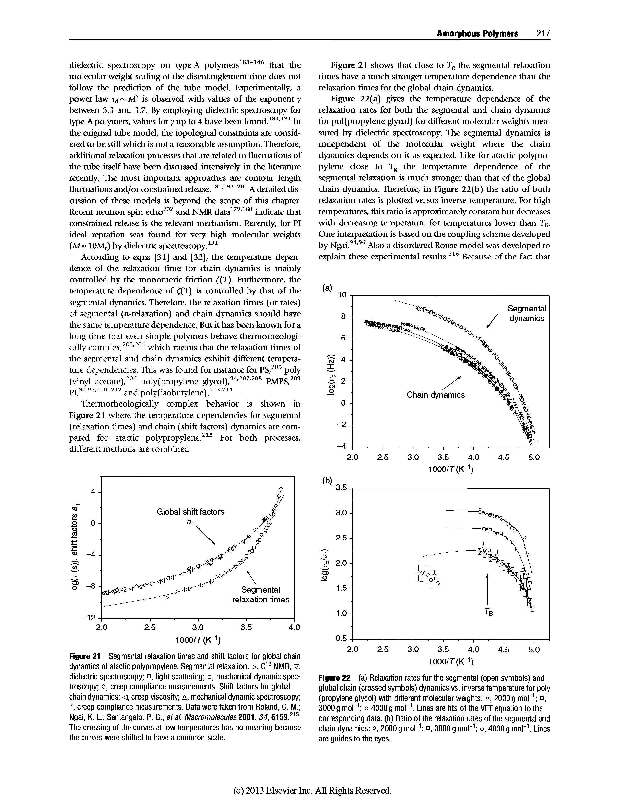 Figure 21 Segmental relaxation times and shift factors for global chain dynamics of atactic polypropylene. Segmental relaxation i>, NMR v, dielectric spectroscopy , light scattering o, mechanical dynamic spectroscopy 0, creep compliance measurements. Shift factors for global chain dynamics <i, creep viscosity a, mechanical dynamic spectroscopy , creep compliance measurements. Data were taken from Roland, C. M. Ngai, K. L. Santangelo, P. G. etal. Macromolecules 200, 34,6159. The crossing of the curves at low temperatures has no meaning because the curves were shifted to have a common scale.