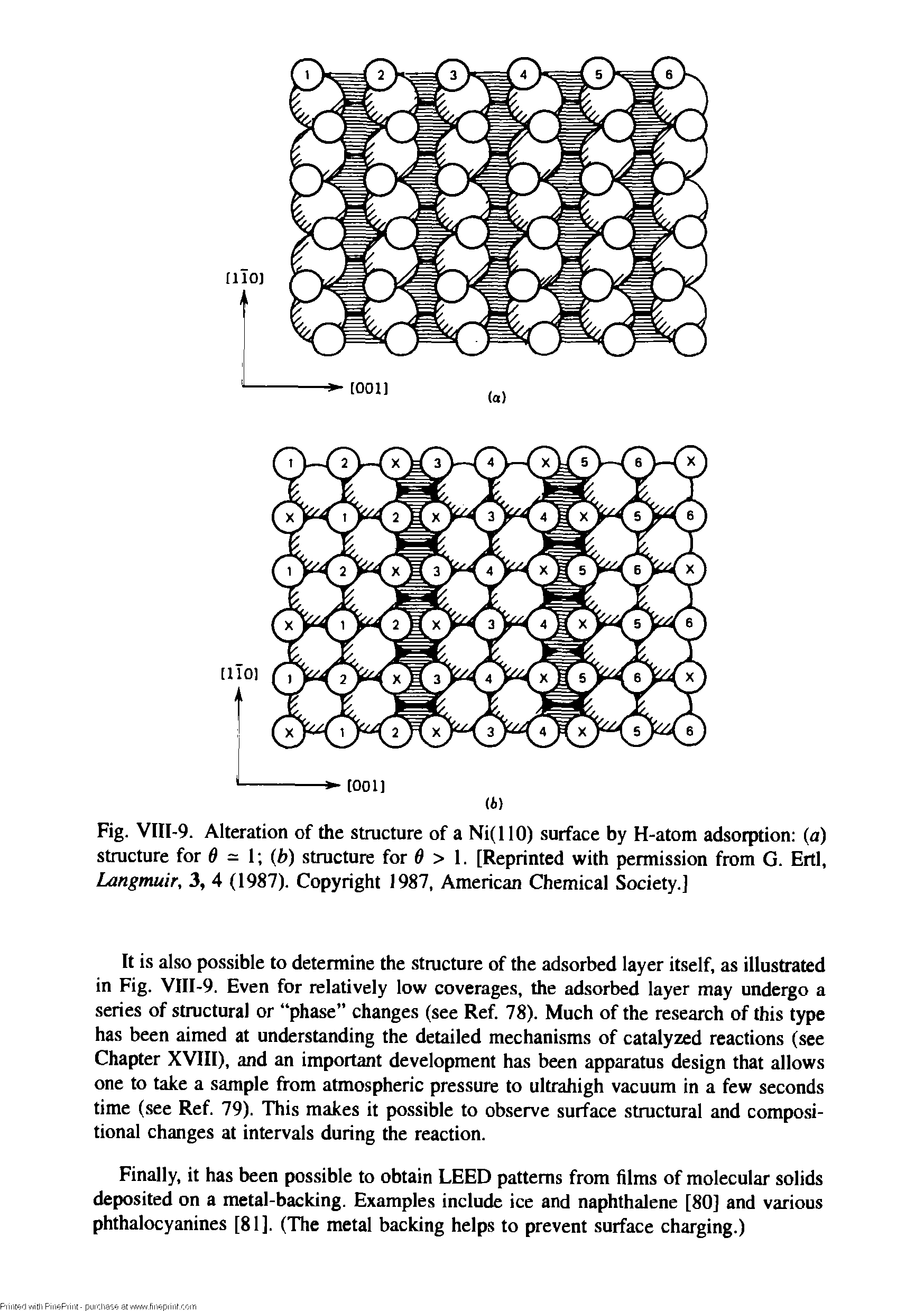 Fig. VIII-9. Alteration of the structure of a Ni(llO) surface by H-atom adsorption (a) structure for 0 = 1 (b) structure for 0 > 1. [Reprinted with permission from G. Ertl, Langmuir, 3, 4 (1987). Copyright 1987, American Chemical Society.]...