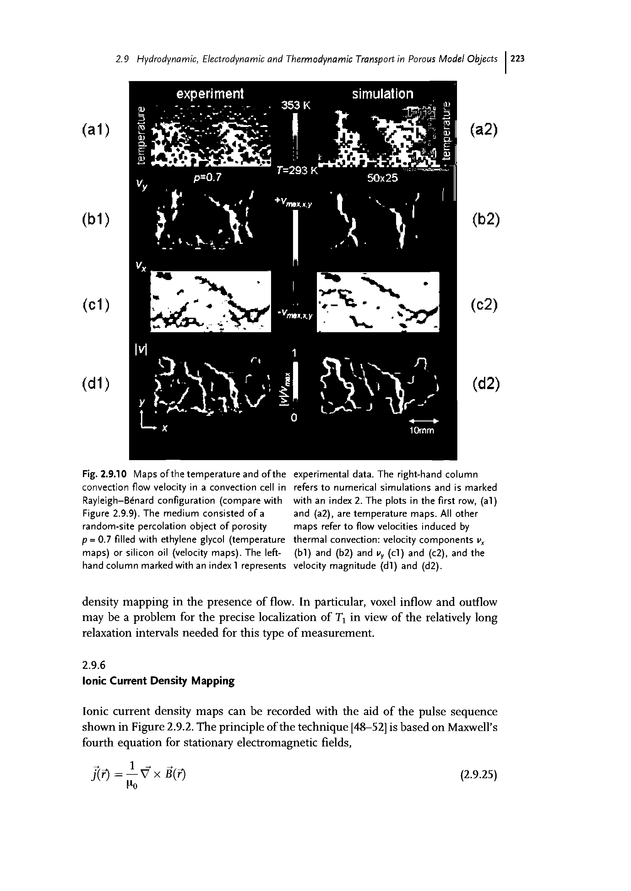 Fig. 2.9.10 Maps of the temperature and of the experimental data. The right-hand column convection flow velocity in a convection cell in refers to numerical simulations and is marked Rayleigh-Benard configuration (compare with with an index 2. The plots in the first row, (al) Figure 2.9.9). The medium consisted of a and (a2), are temperature maps. All other random-site percolation object of porosity maps refer to flow velocities induced by p = 0.7 filled with ethylene glycol (temperature thermal convection velocity components vx maps) or silicon oil (velocity maps). The left- (bl) and (b2) and vy (cl) and (c2), and the hand column marked with an index 1 represents velocity magnitude (dl) and (d2).