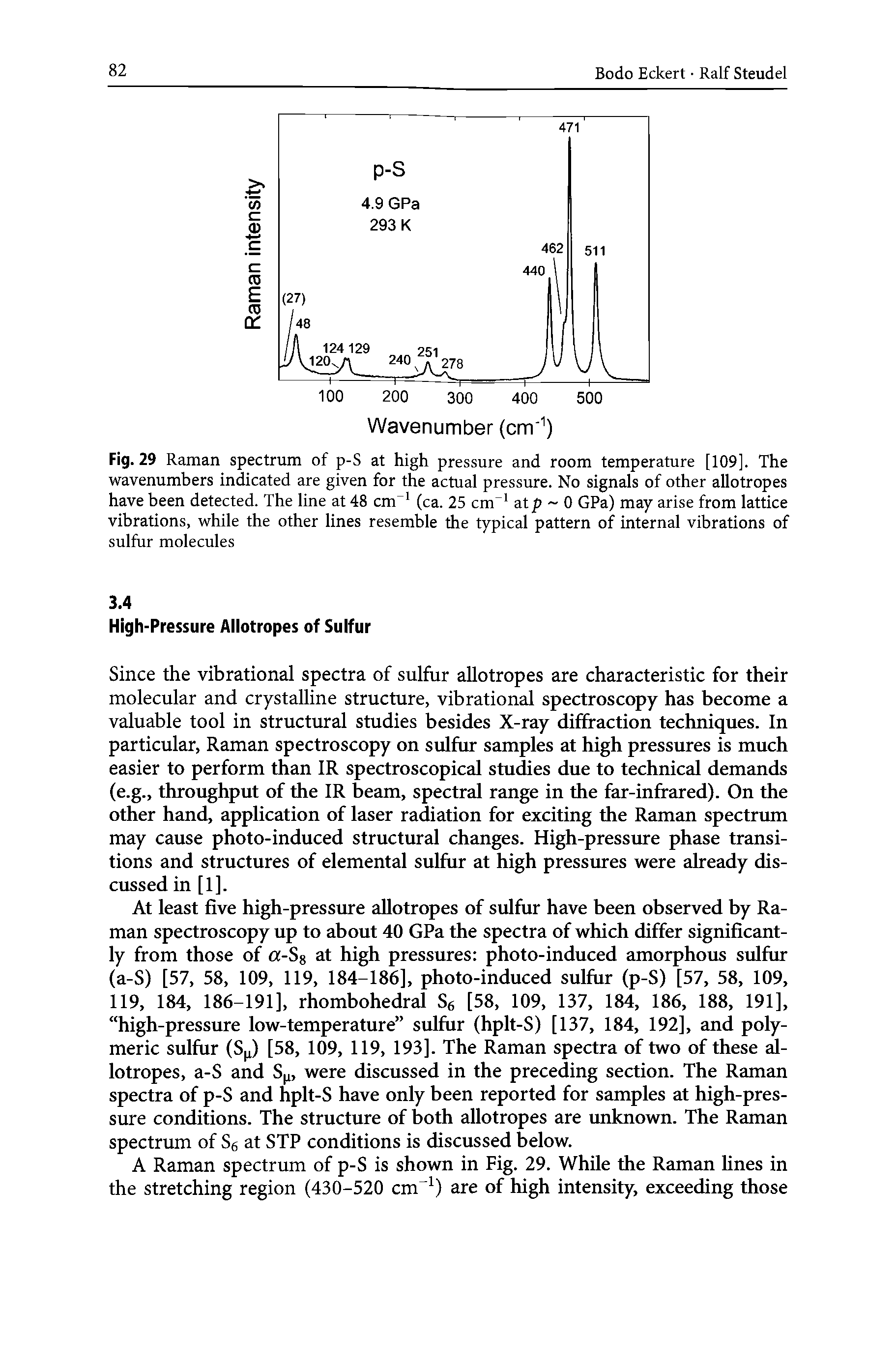 Fig. 29 Raman spectrum of p-S at high pressure and room temperature [109]. The wavenumbers indicated are given for the actual pressure. No signals of other allotropes have been detected. The line at 48 cm (ca. 25 cm atp 0 GPa) may arise from lattice vibrations, while the other lines resemble the typical pattern of internal vibrations of sulfur molecules...