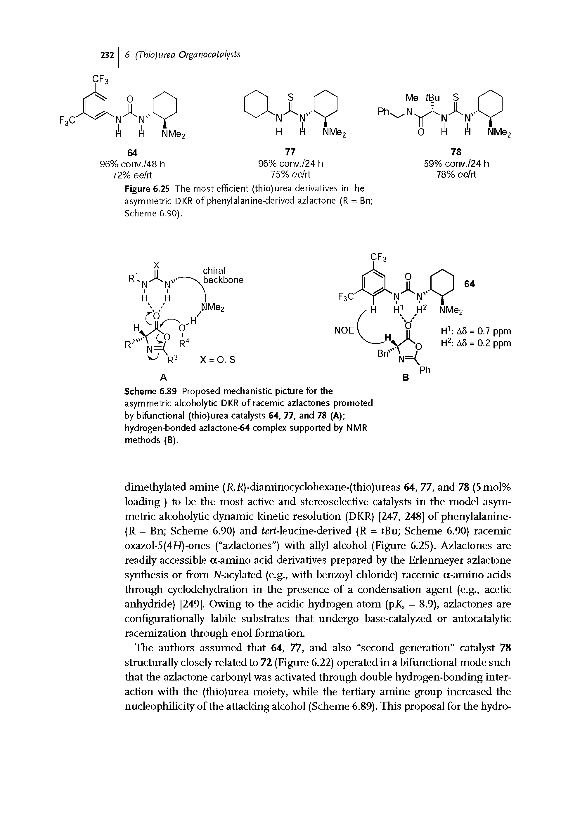 Scheme 6.89 Proposed mechanistic picture for the asymmetric alcoholytic DKR of racemic aziactones promoted by bifunctional (thio)urea catalysts 64, 77, and 78 (A) hydrogen-bonded azlactone-64 complex supported by NMR methods (B).