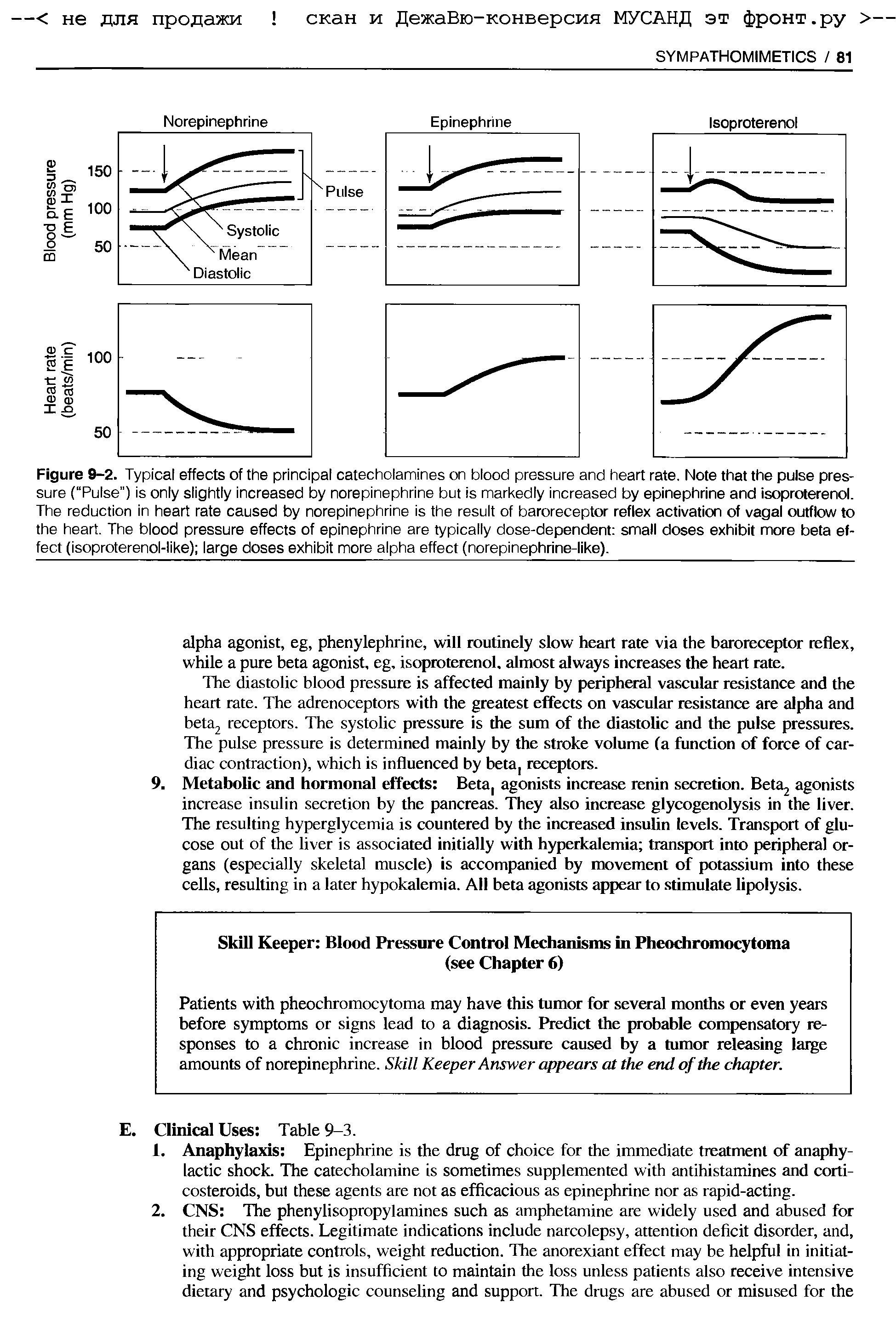 Figure 9-2. Typical effects of the principal catecholamines on blood pressure and heart rate. Note that the pulse pressure ( Pulse ) is only slightly increased by norepinephrine but is markedly increased by epinephrine and isoproterenol. The reduction in heart rate caused by norepinephrine is the result of baroreceptor reflex activation of vagal outflow to the heart. The blood pressure effects of epinephrine are typically dose-dependent small doses exhibit more beta effect (isoproterenol-like) large doses exhibit more alpha effect (norepinephrine-like).