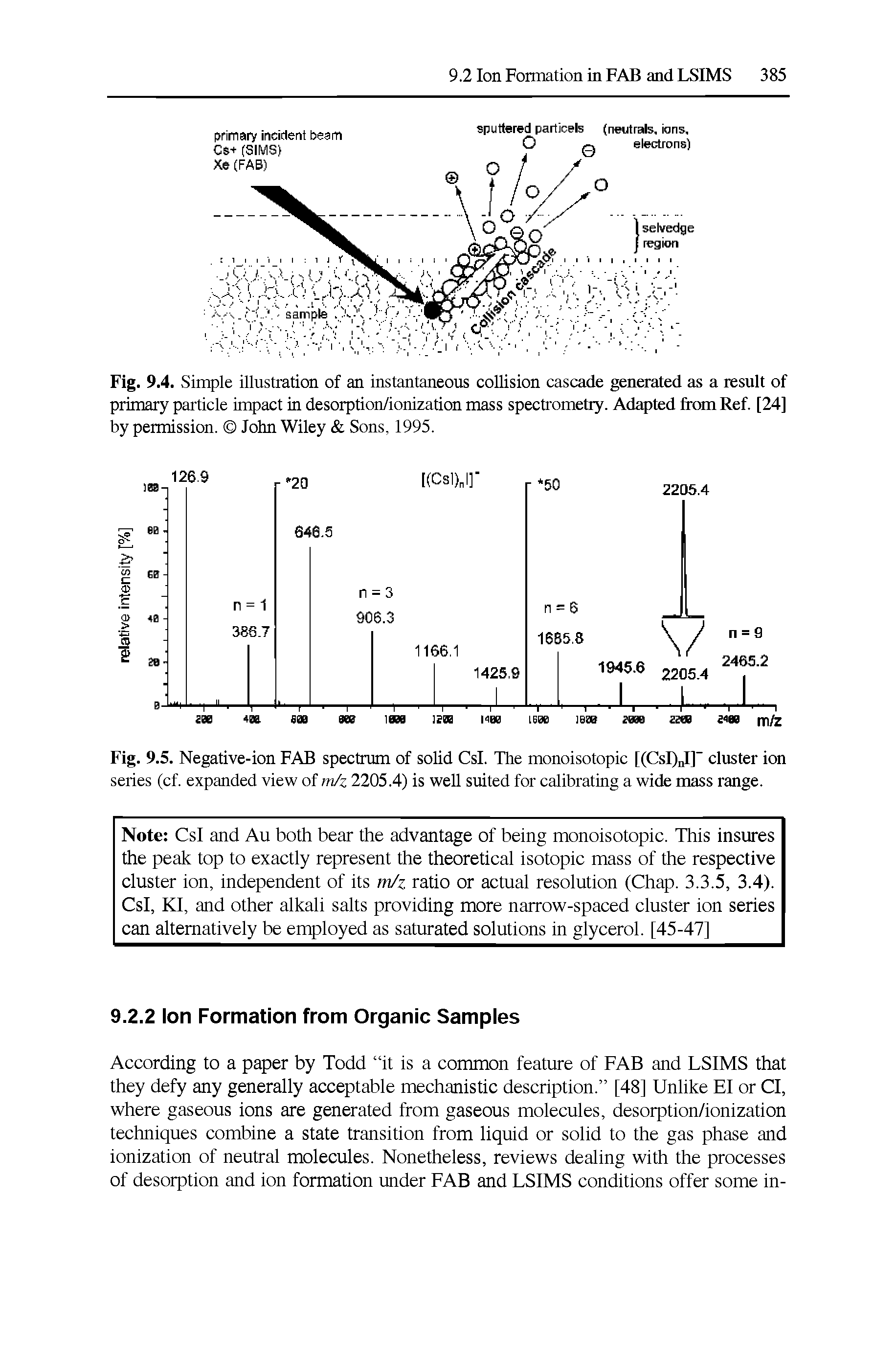 Fig. 9.4. Simple illustration of an instantaneous collision cascade generated as a result of primary particle impact in desorption/ionization mass spectrometry. Adapted from Ref. [24] by permission. John Wiley Sons, 1995.