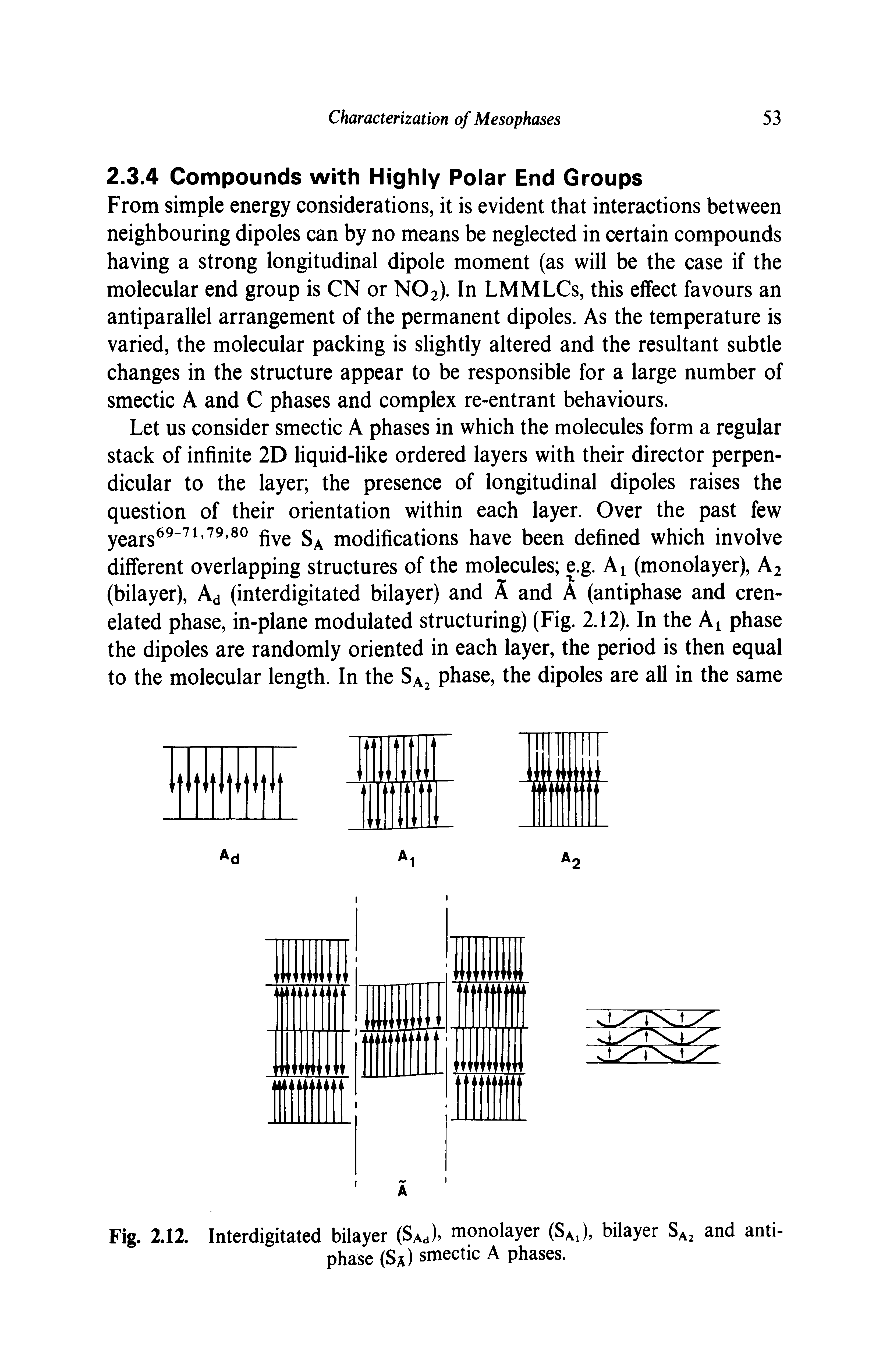 Fig. 2.12. Interdigitated bilayer (Sa j) nionolayer (SaJ, bilayer Sa2 and antiphase (Sa) smectic A phases.