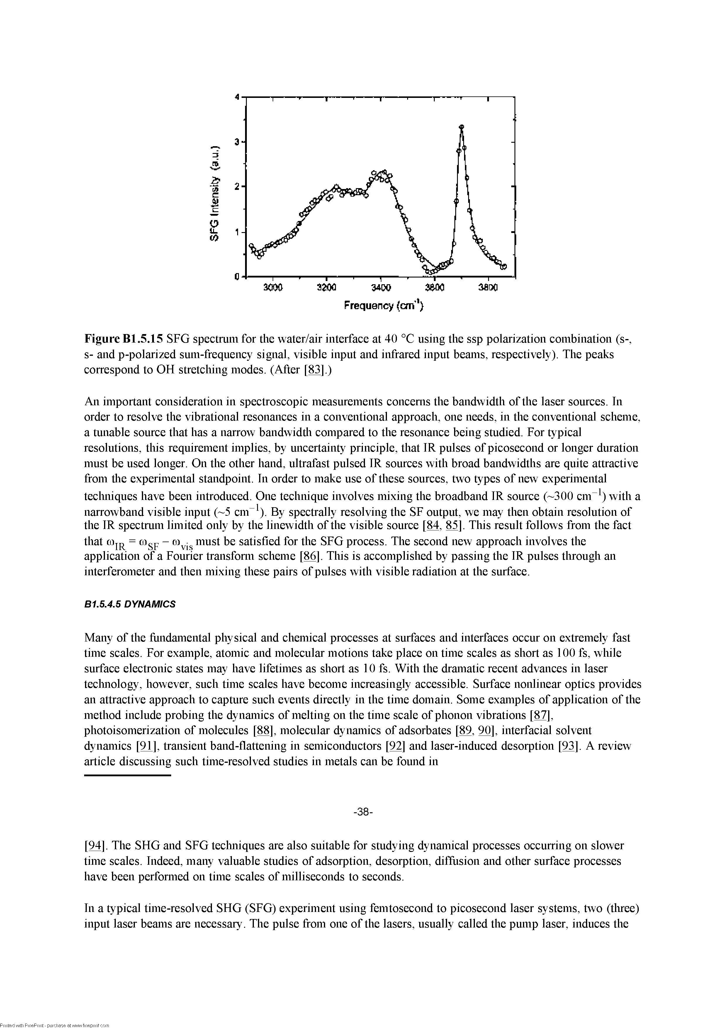 Figure Bl.5.15 SFG spectrum for the water/air interface at 40 °C using the ssp polarization combination (s-, s- and p-polarized sum-frequency signal, visible input and infrared input beams, respectively). The peaks correspond to OH stretching modes. (After [ ].)...