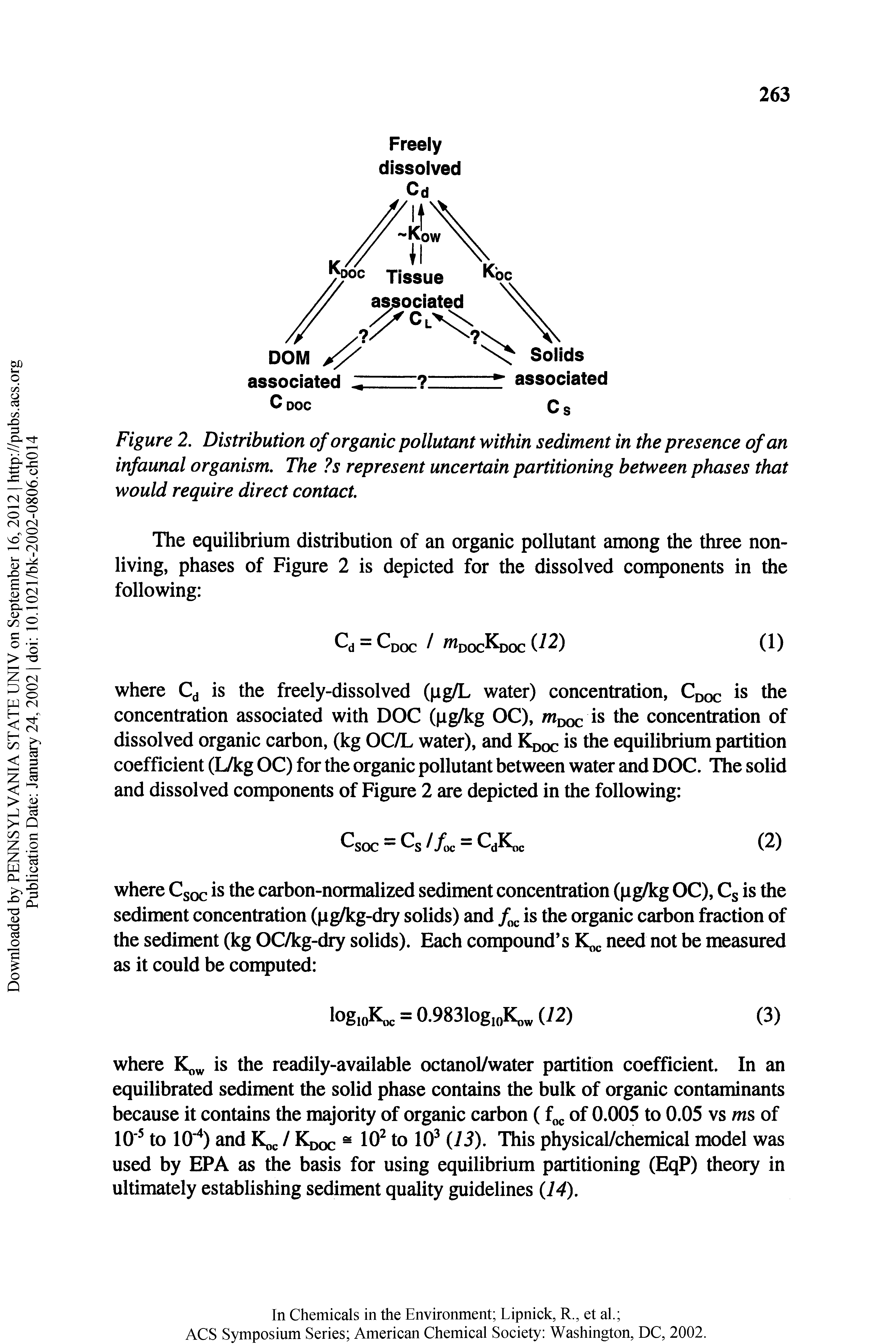 Figure 2. Distribution of organic pollutant within sediment in the presence of an infaunal organism. The s represent uncertain partitioning between phases that would require direct contact.