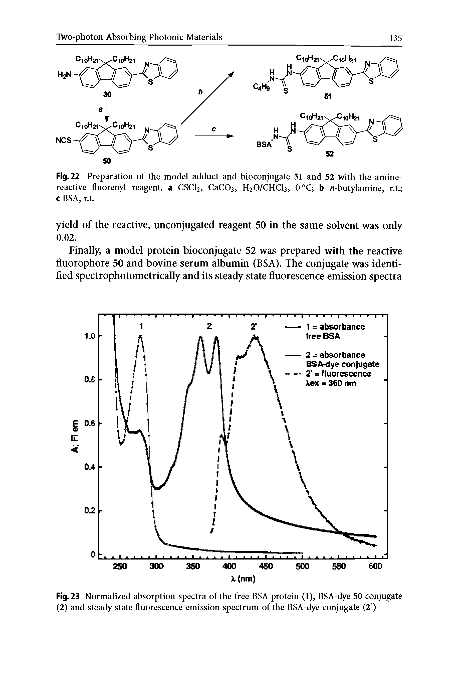 Fig. 23 Normalized absorption spectra of the free BSA protein (1), BSA-dye 50 conjugate (2) and steady state fluorescence emission spectrum of the BSA-dye conjugate (2 )...