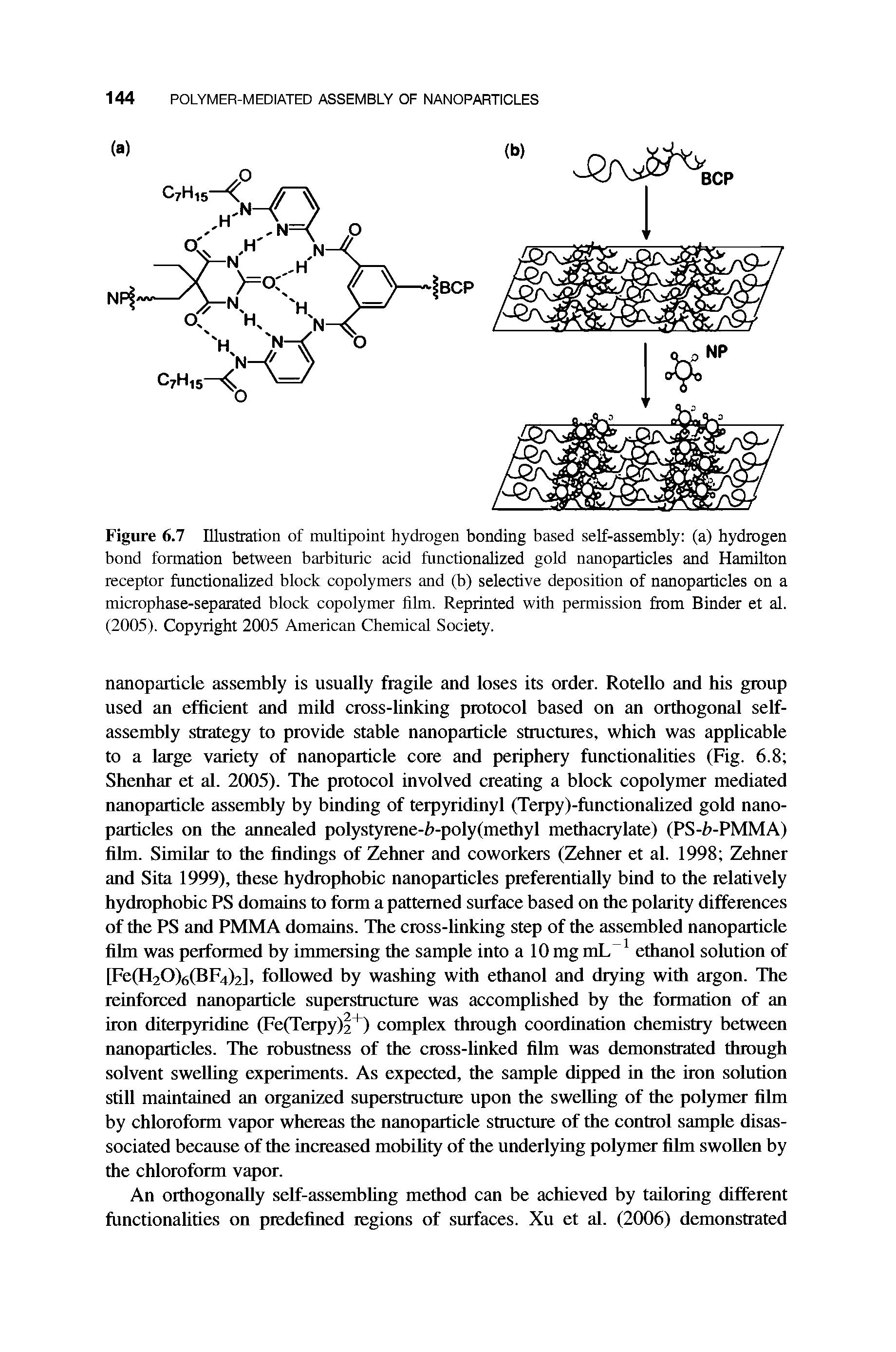 Figure 6.7 Illustration of multipoint hydrogen bonding based self-assembly (a) hydrogen bond formation between barbituric acid functionalized gold nanoparticles and Hamilton receptor functionalized block copolymers and (b) selective deposition of nanoparticles on a microphase-separated block copolymer film. Reprinted with permission fi om Binder et al. (2005). Copyright 2005 American Chemical Society.