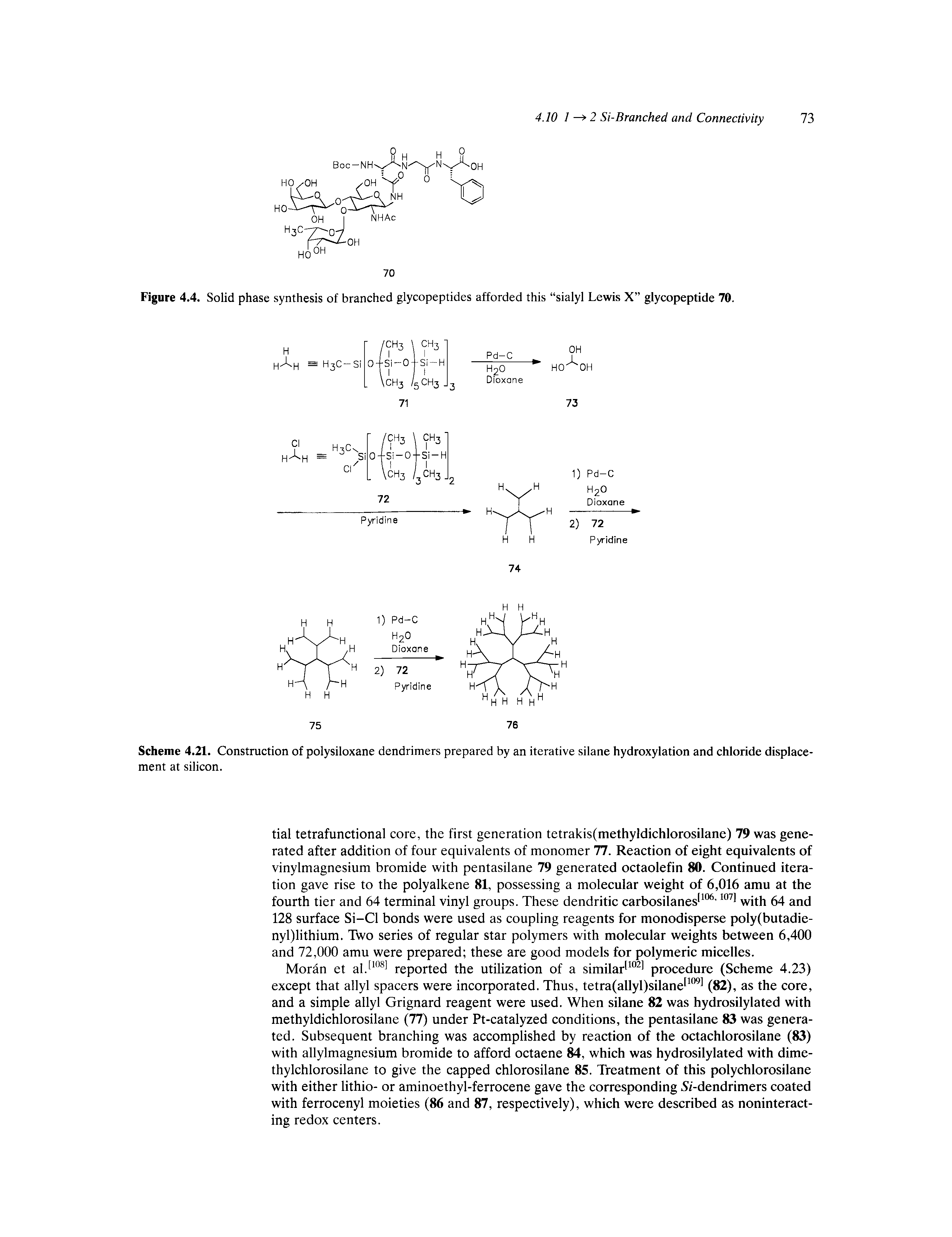 Scheme 4.21. Construction of polysiloxane dendrimers prepared by an iterative silane hydroxylation and chloride displacement at silicon.