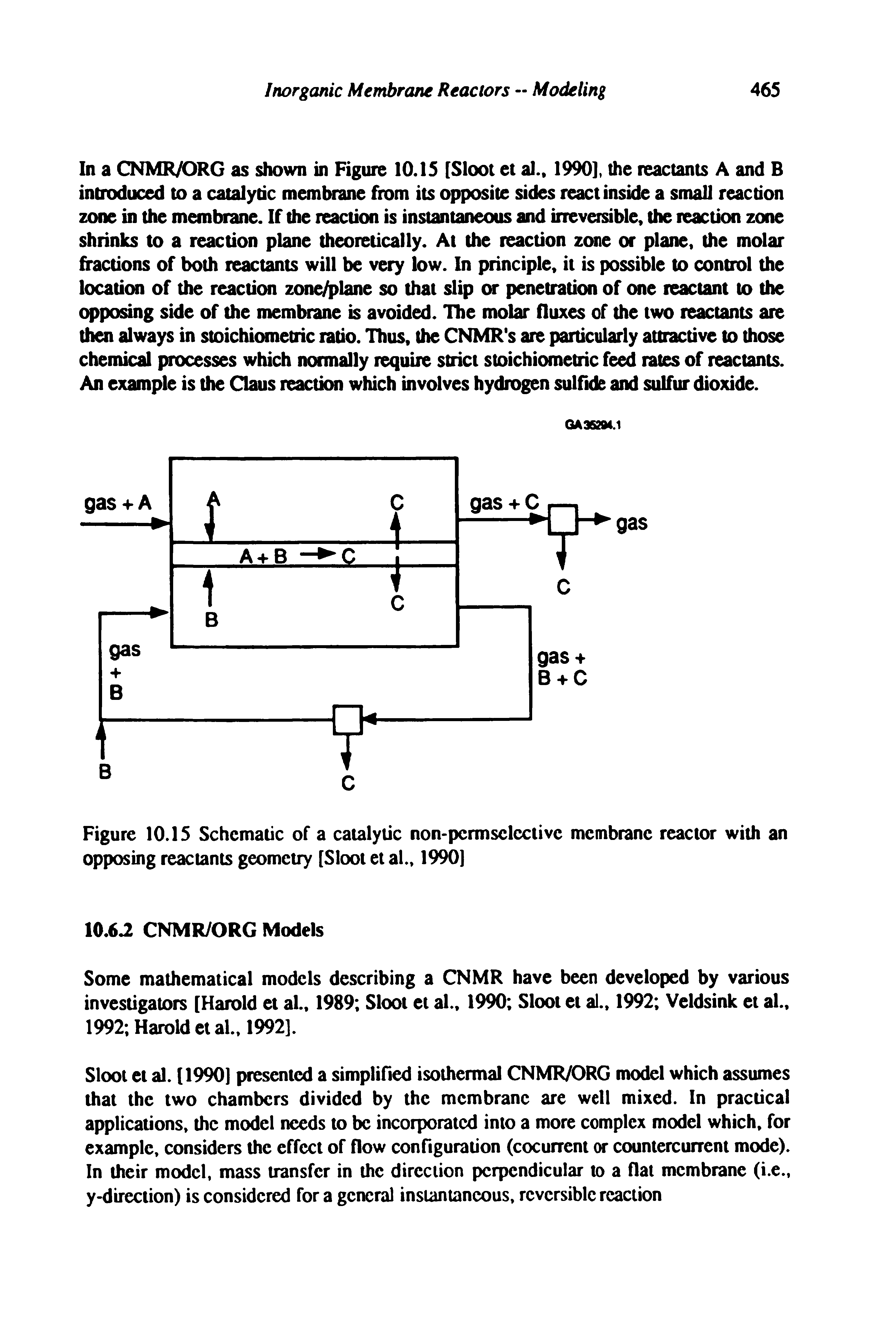 Figure 10.15 Schematic of a catalytic non-pcrmselcctive membrane reactor with an opposing reactants geometry [Sloot et al., 1990]...