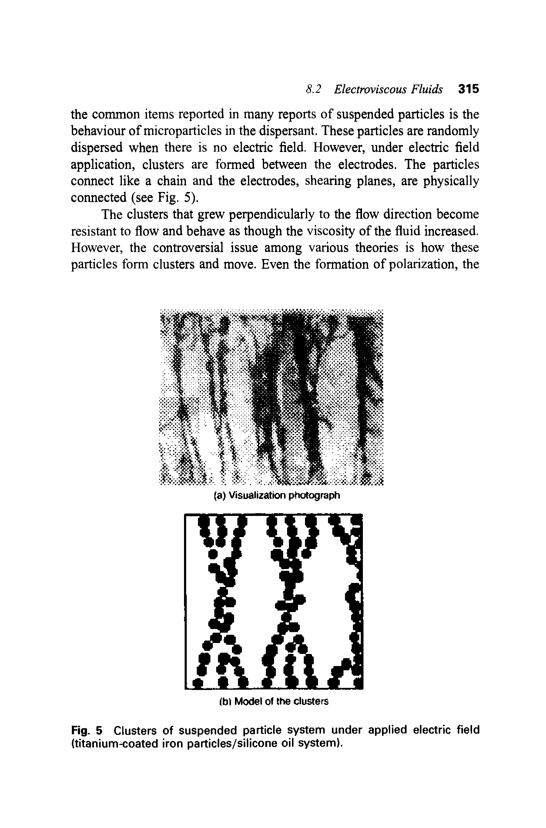 Fig. 5 Clusters of suspended particle system under applied electric field (titanium-coated iron particles/silicone oil system).