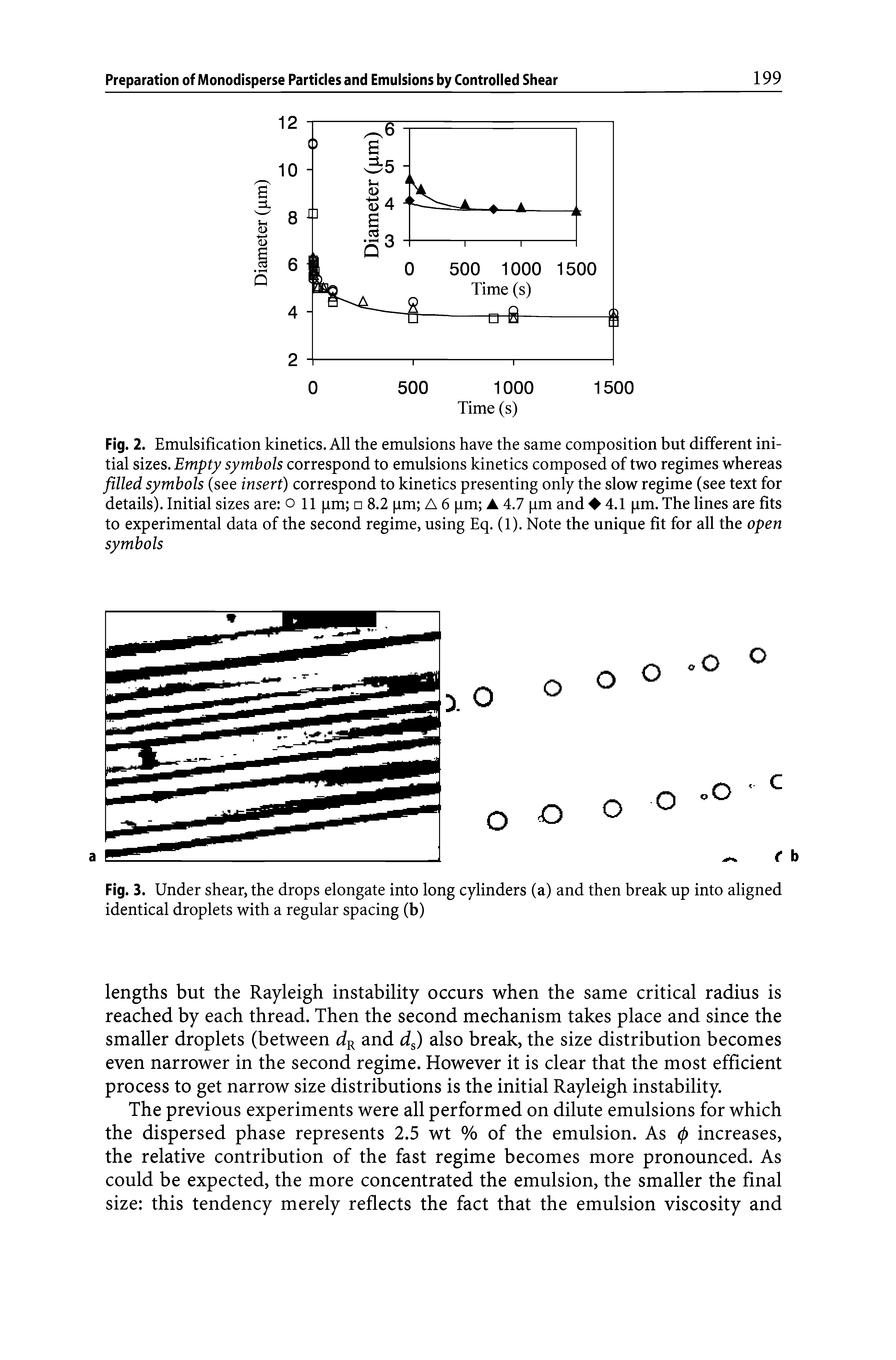 Fig. 2. Emulsification kinetics. All the emulsions have the same composition but different initial sizes. Empty symbols correspond to emulsions kinetics composed of two regimes whereas filled symbols (see insert) correspond to kinetics presenting only the slow regime (see text for details). Initial sizes are oil pm 8.2 pm A 6 pm 4.7 pm and 4.1 pm. The lines are fits to experimental data of the second regime, using Eq. (1). Note the unique fit for all the open symbols...