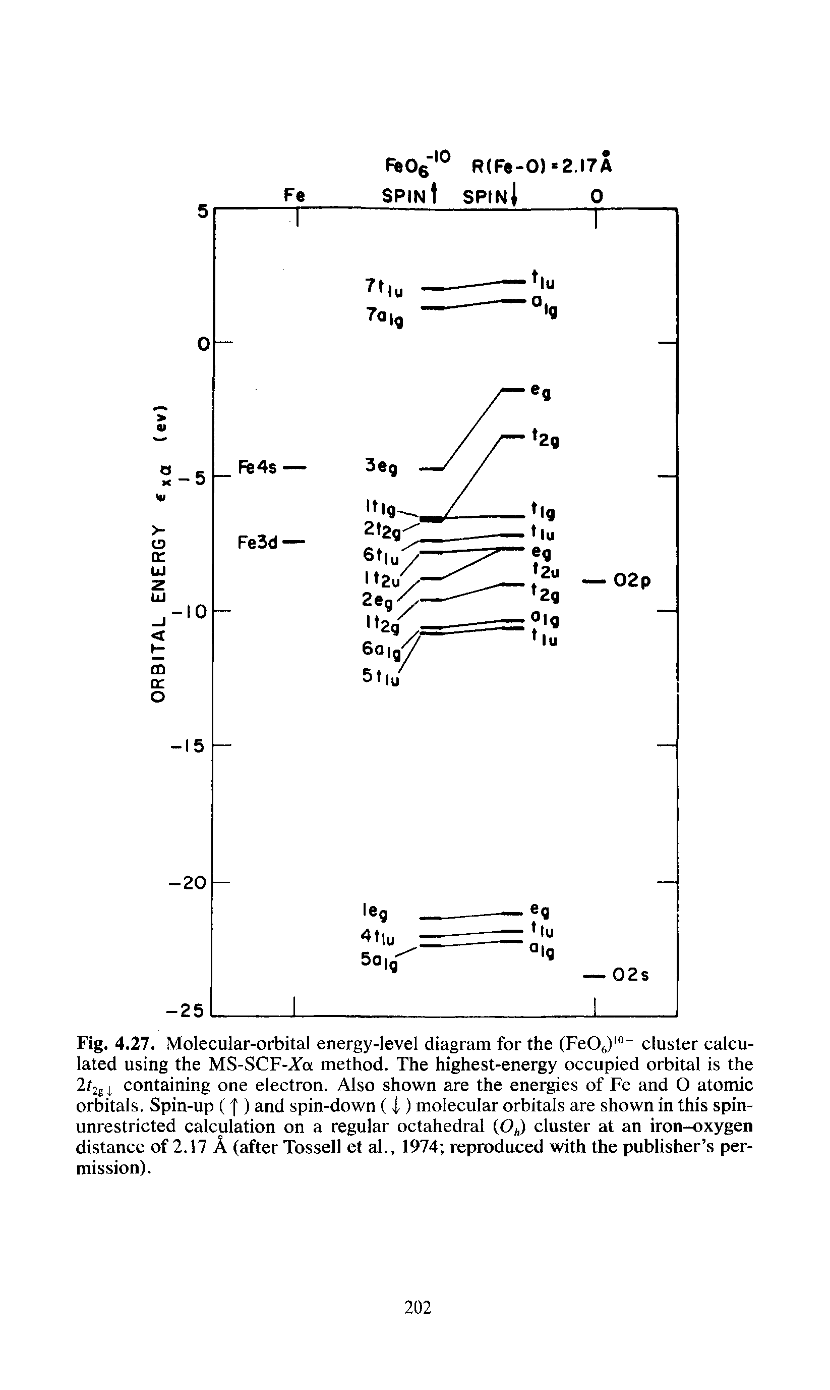 Fig. 4.27. Molecular-orbital energy-level diagram for the (FeO,) " cluster calculated using the MS-SCF-Jfa method. The highest-energy occupied orbital is the 2 2g i containing one electron. Also shown are the energies of Fe and O atomic orbitals. Spin-up (f ) and spin-down ( i ) molecular orbitals are shown in this spin-unrestricted calculation on a regular octahedral (O ) cluster at an iron-oxygen distance of 2.17 A (after Tossell et al., 1974 reproduced with the publisher s permission).