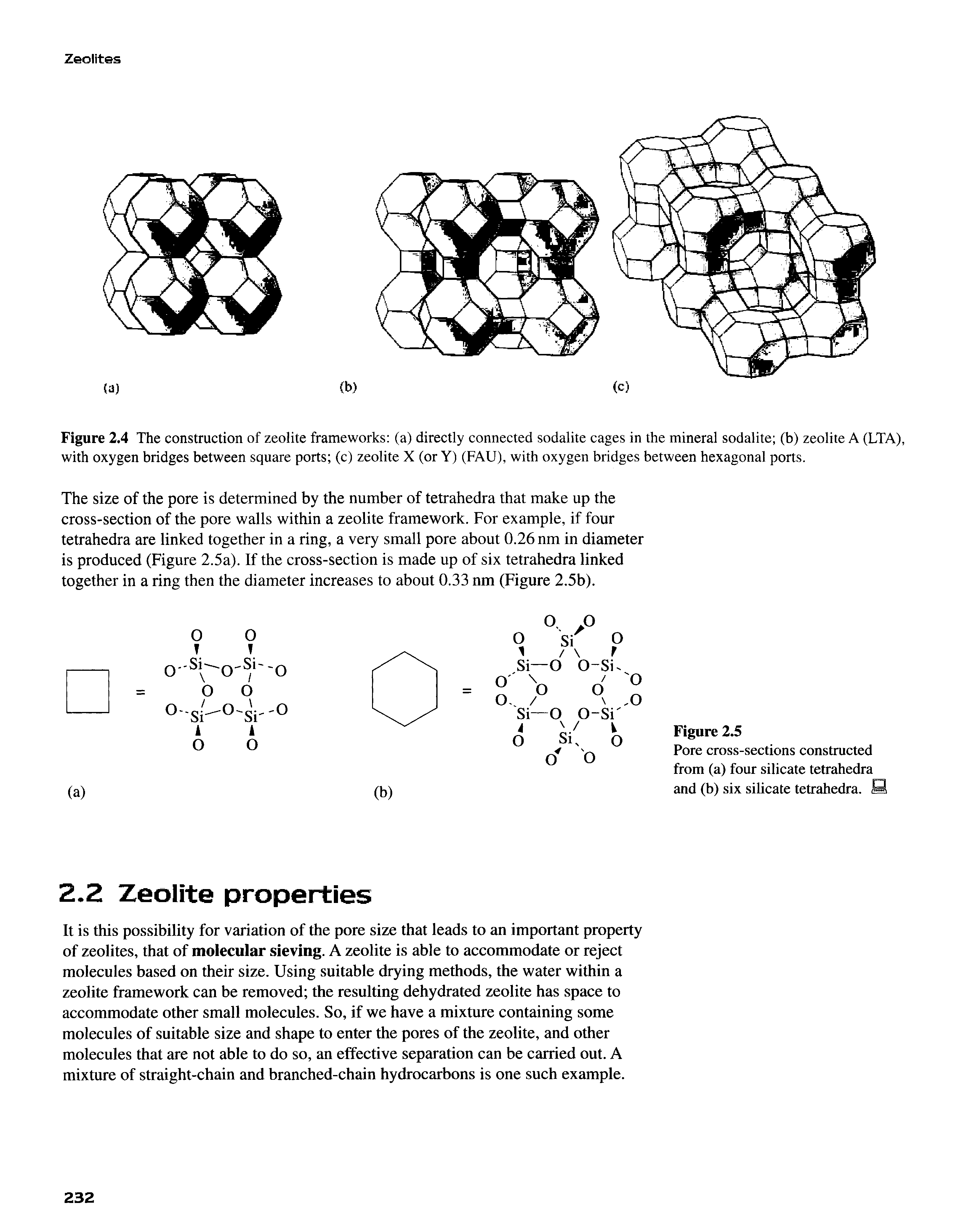 Figure 2.4 The construction of zeolite frameworks (a) directly connected sodalite cages in the mineral sodalite (b) zeolite A (LTA), with oxygen bridges between square ports (c) zeolite X (or Y) (FAU), with oxygen bridges between hexagonal ports.
