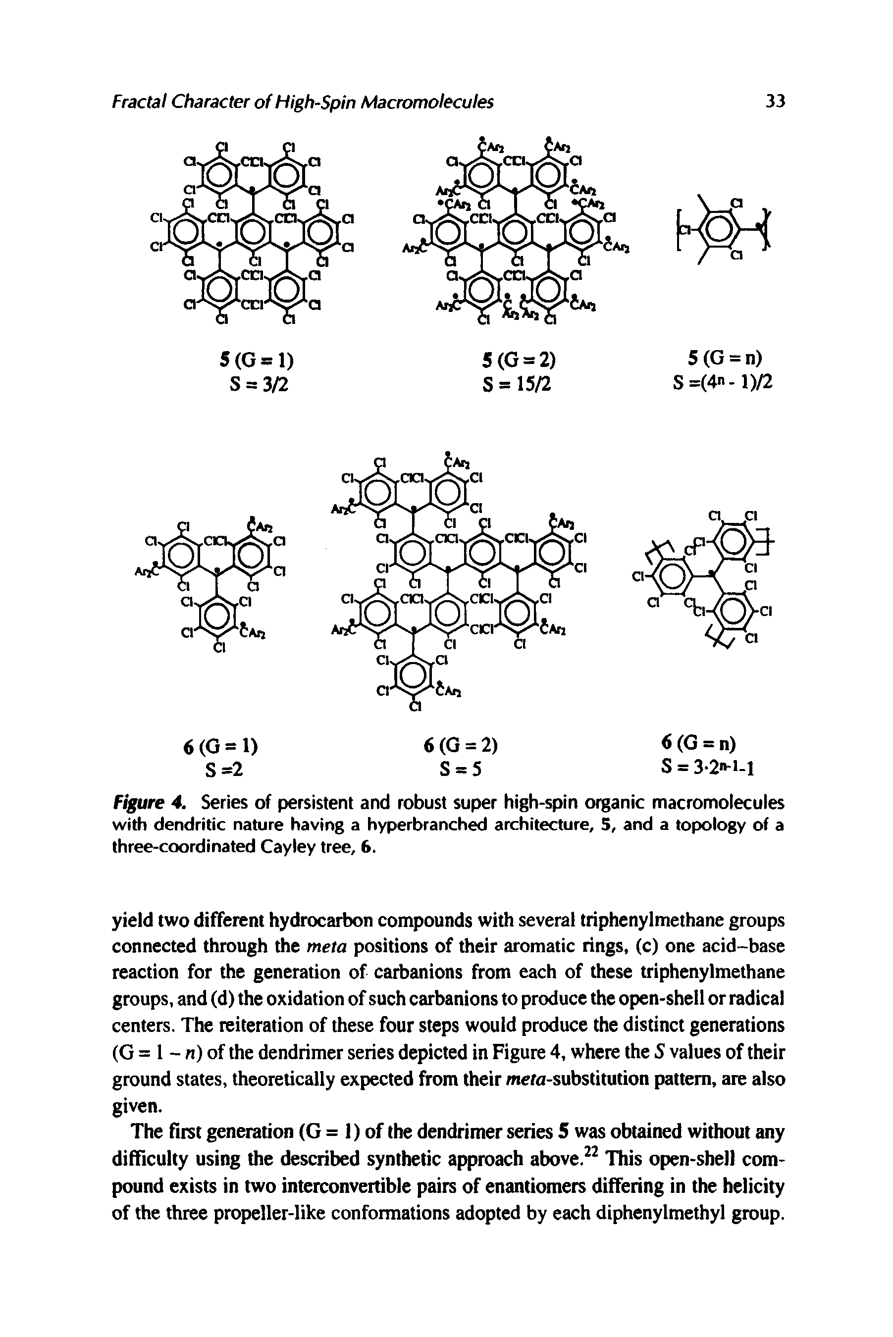 Figure 4. Series of persistent and robust super high-spin organic macromolecules with dendritic nature having a hyperbranched architecture, 5, and a topology of a three-coordinated Cayley tree, 6.