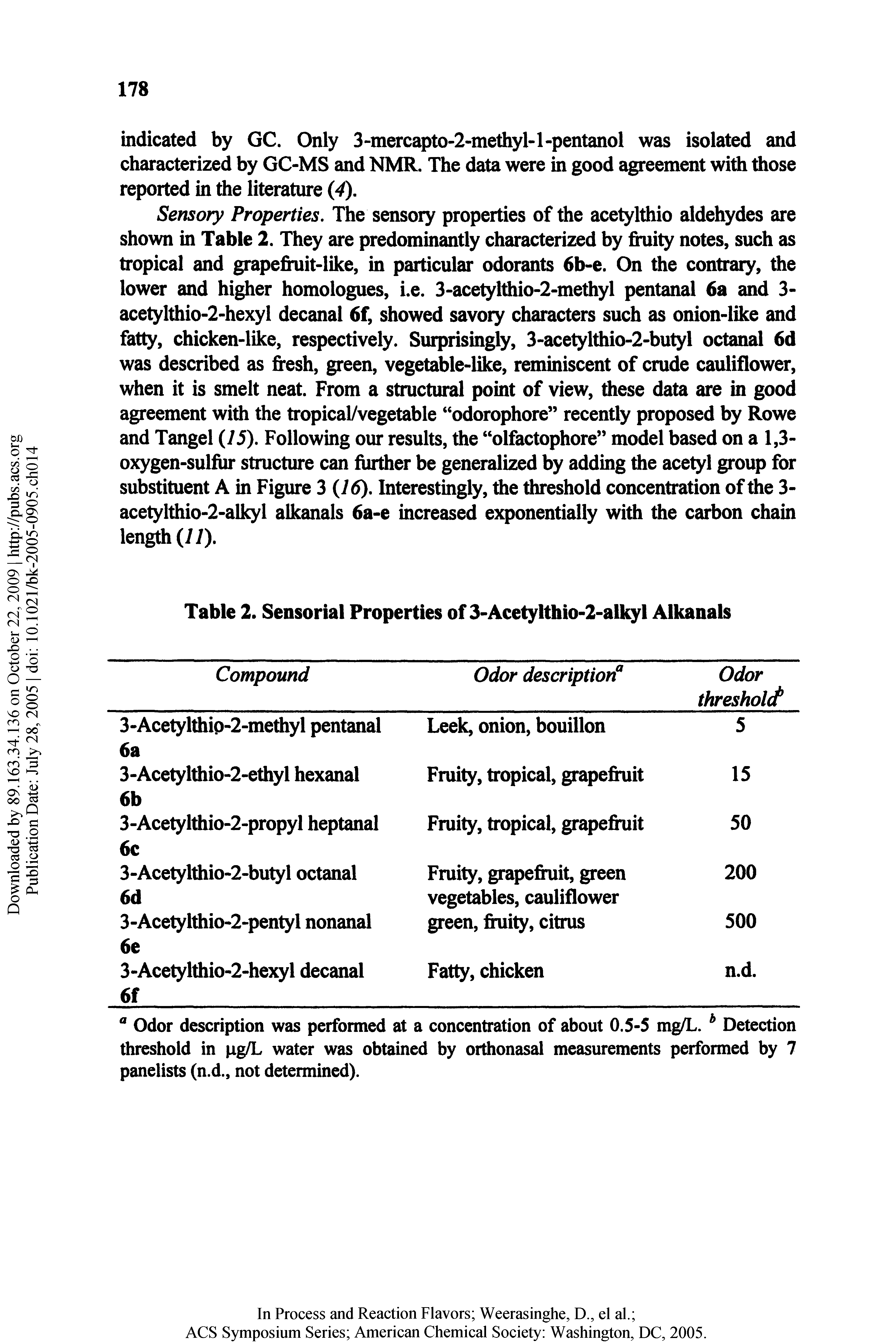 Table 2. Sensorial Properties of 3-Acetylthio-2-alkyl Alkanals...