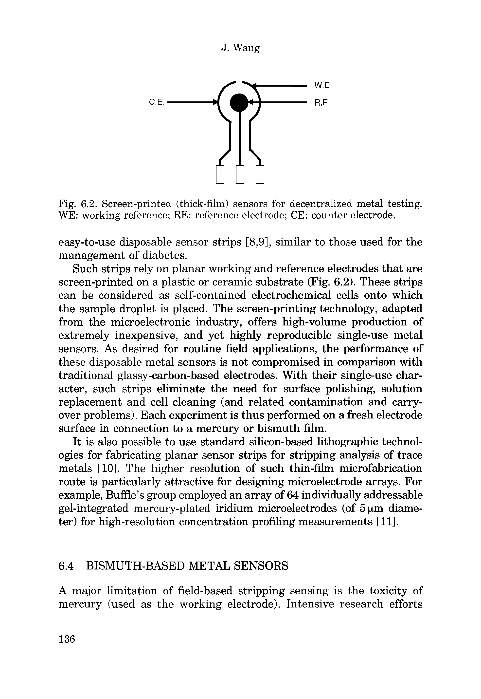 Fig. 6.2. Screen-printed (thick-film) sensors for decentralized metal testing. WE working reference RE reference electrode CE counter electrode.