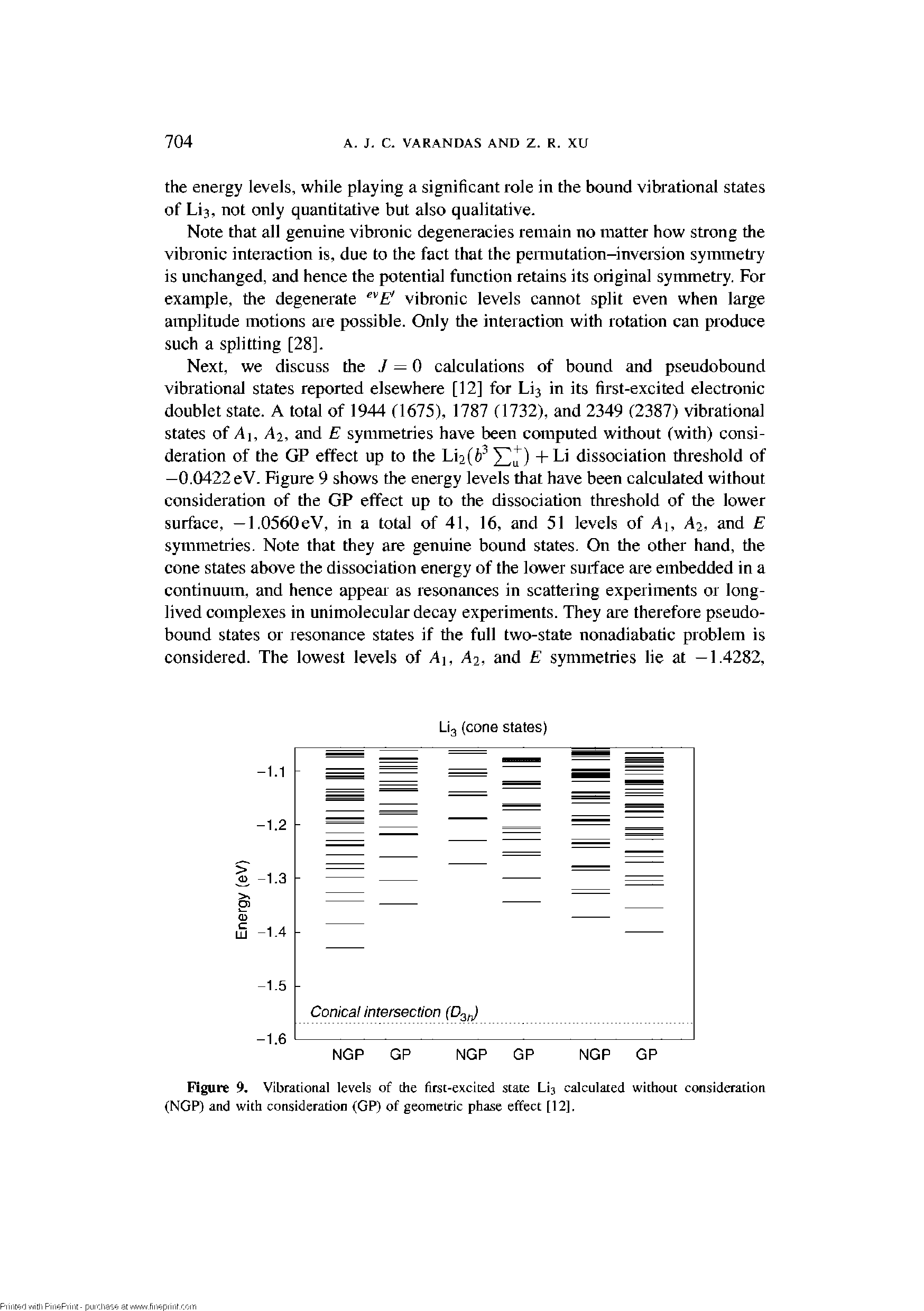 Figure 9. Vibrational levels of the first-excited state Lis calculated without consideration (NGP) and with consideration (GP) of geometric phase effect [12].