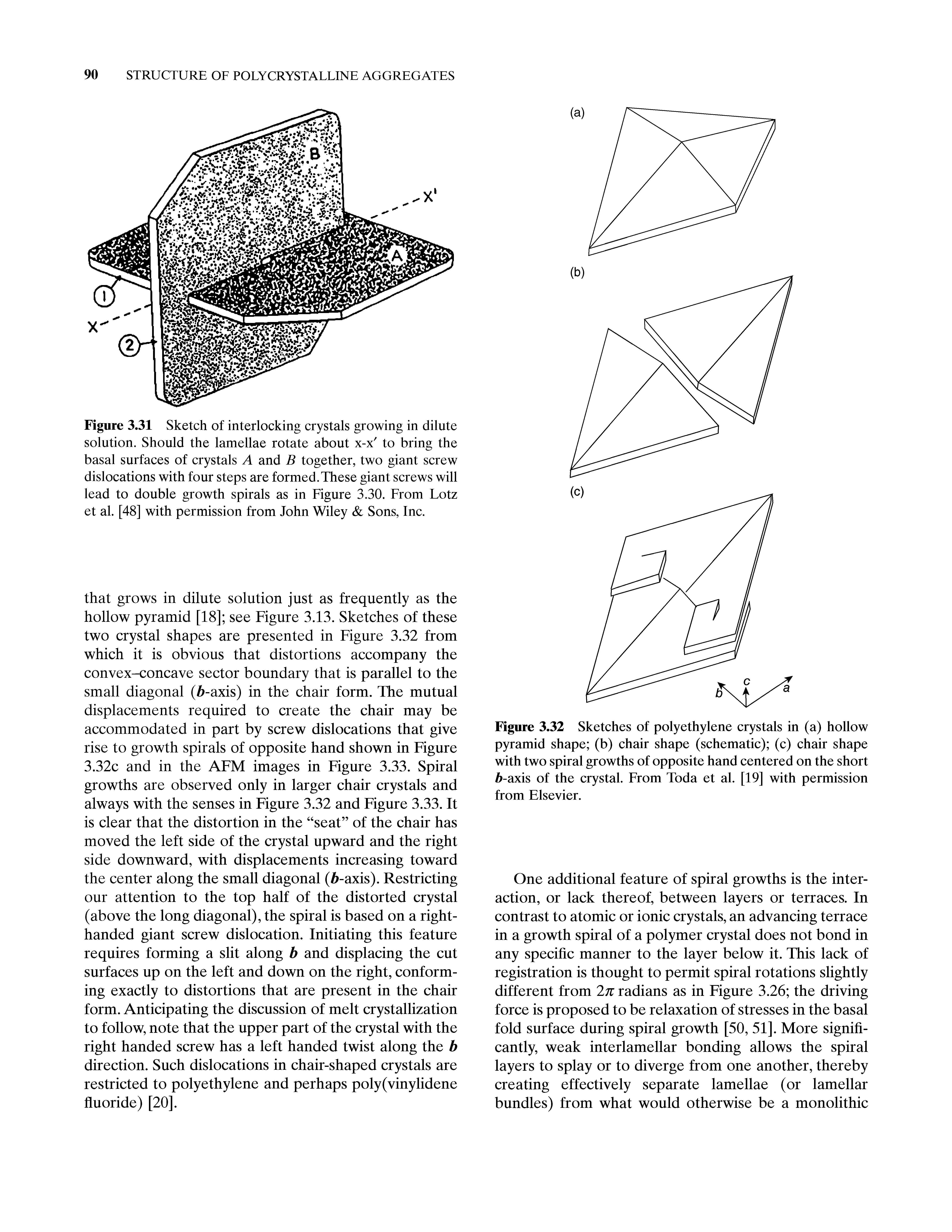 Figure 3.31 Sketch of interlocking crystals growing in dilute solution. Should the lamellae rotate about x-x to bring the basal surfaces of crystals A and B together, two giant screw dislocations with four steps are formed. These giant screws will lead to double growth spirals as in Figure 3.30. From Lotz et al. [48] with permission from John Wiley Sons, Inc.