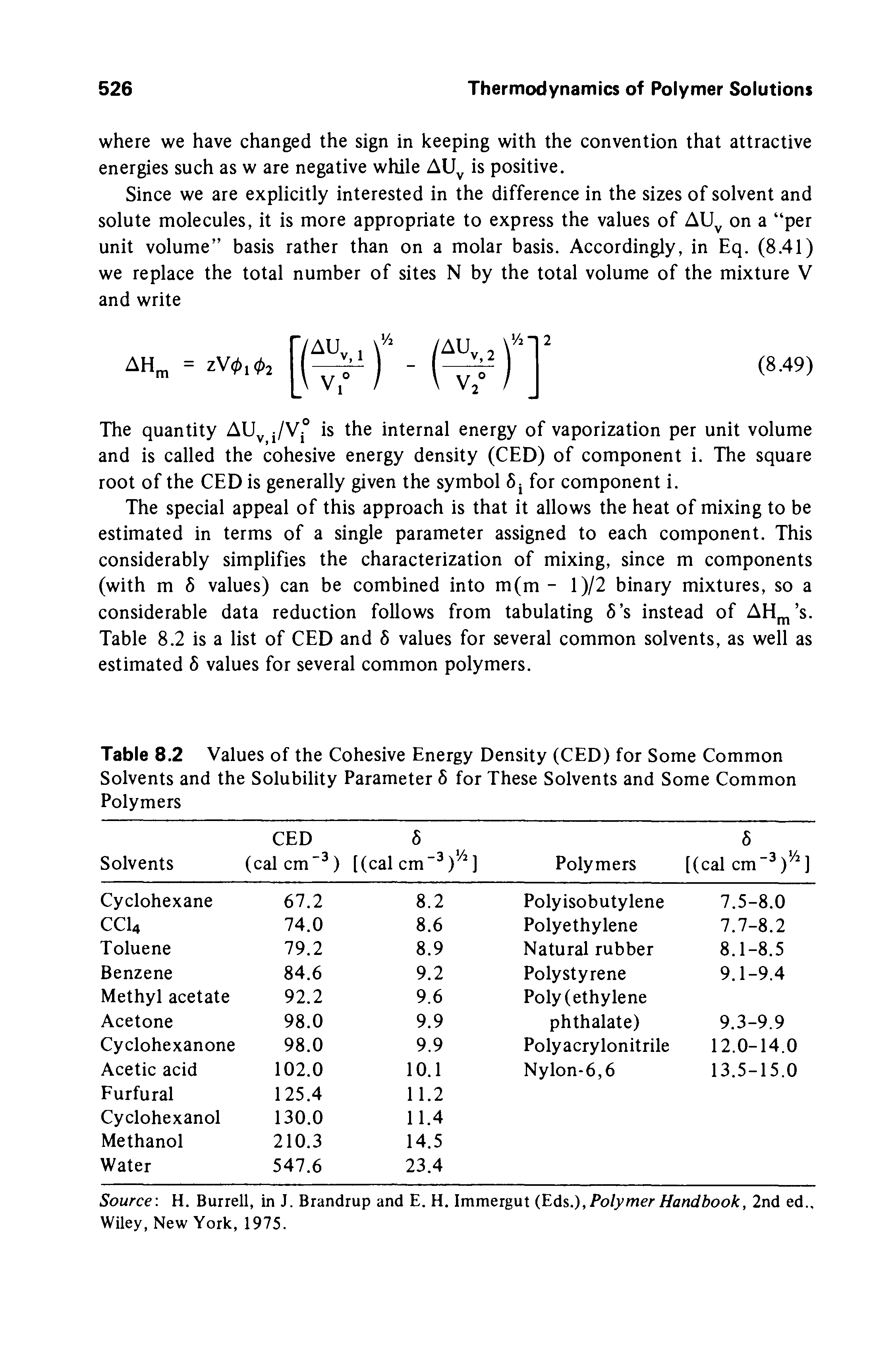 Table 8.2 Values of the Cohesive Energy Density (CED) for Some Common Solvents and the Solubility Parameter 6 for These Solvents and Some Common Polymers...