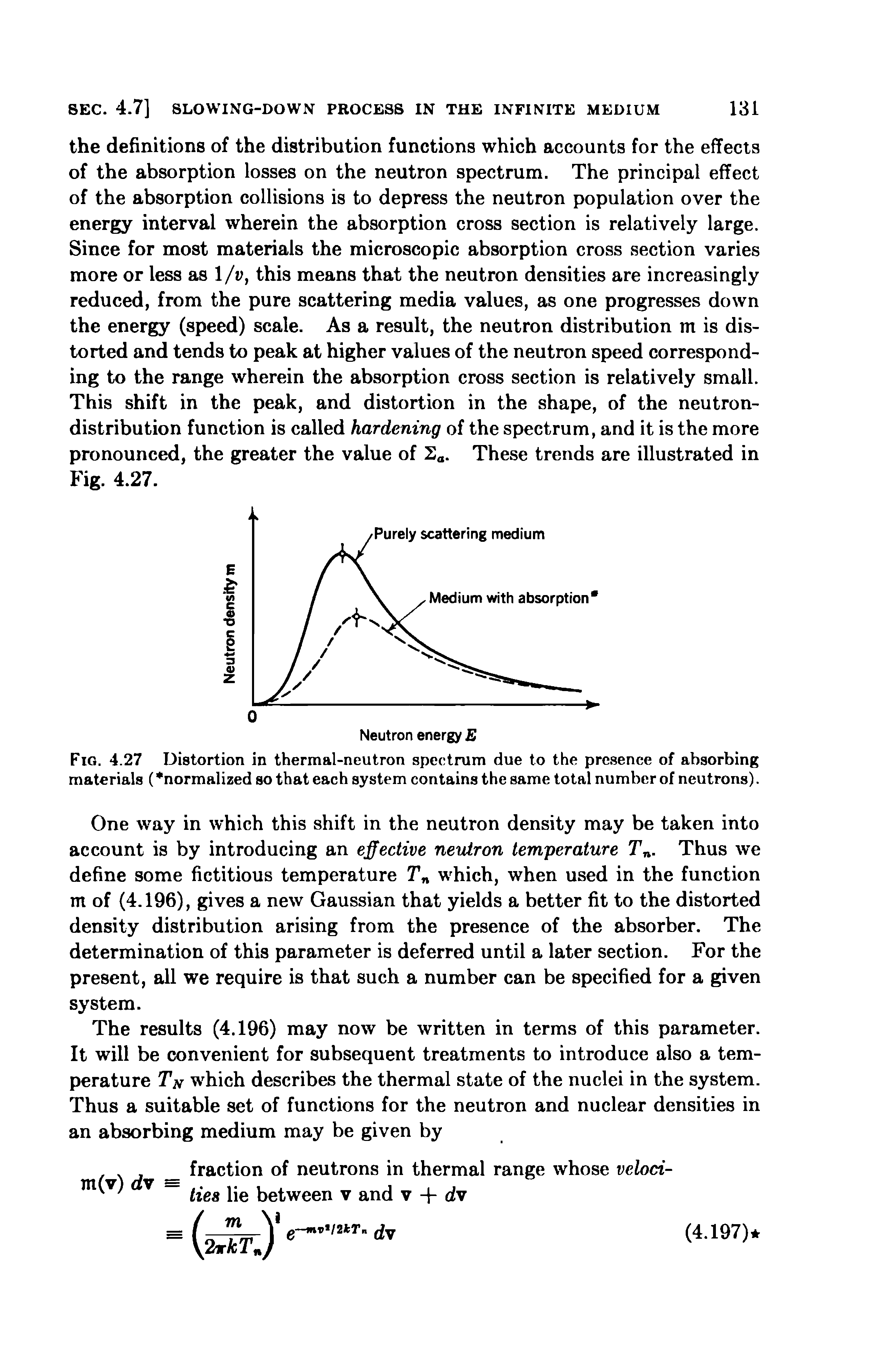 Fig. 4.27 Distortion in thermal-neutron spectrum due to the presence of absorbing materials ( normalized so that each system contains the same total number of neutrons).