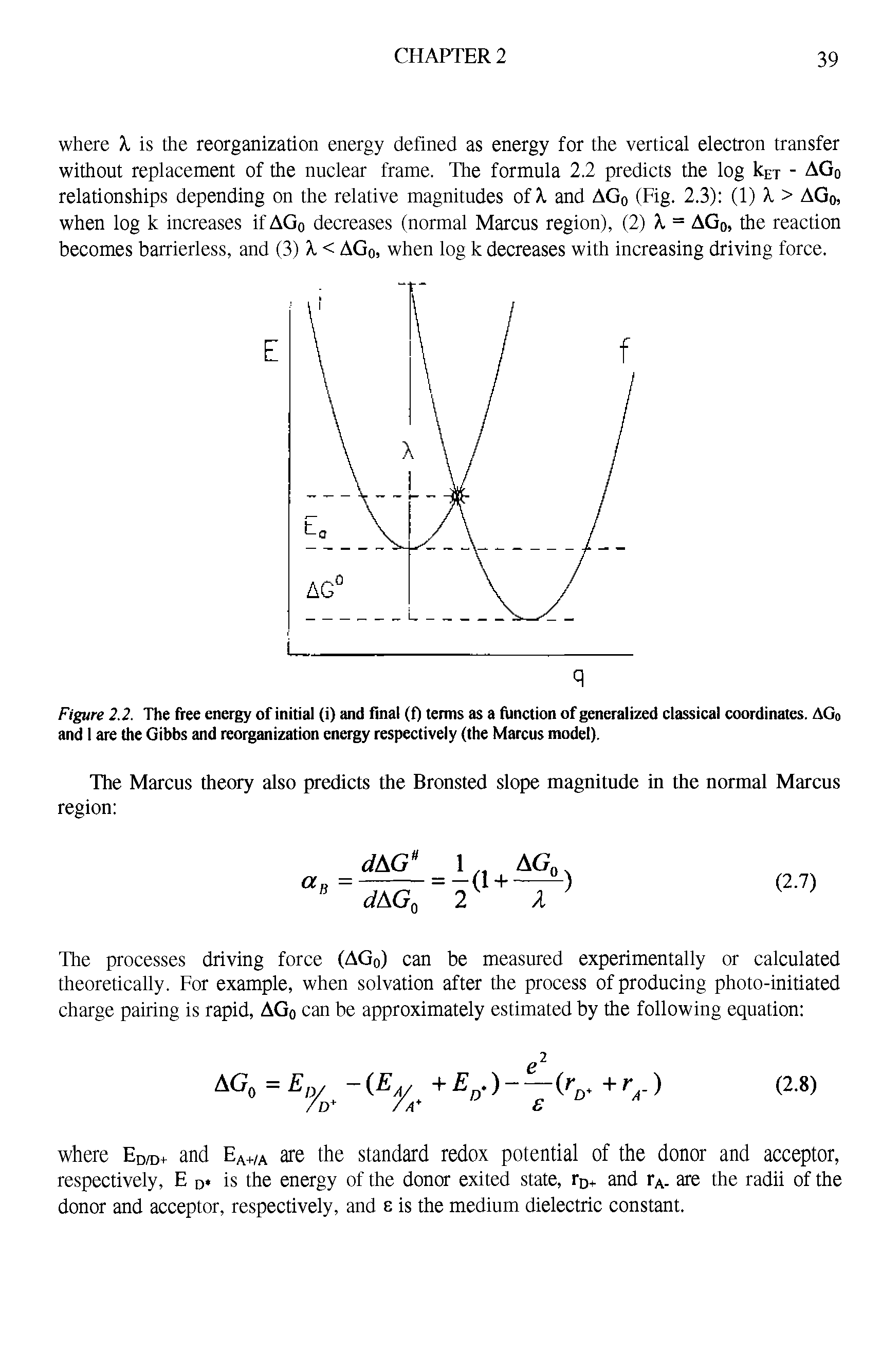 Figure 2.2. The free energy of initial (i) and final (f) terms as a function of generalized classical coordinates. AG0 and 1 are the Gibbs and reorganization energy respectively (the Marcus model).