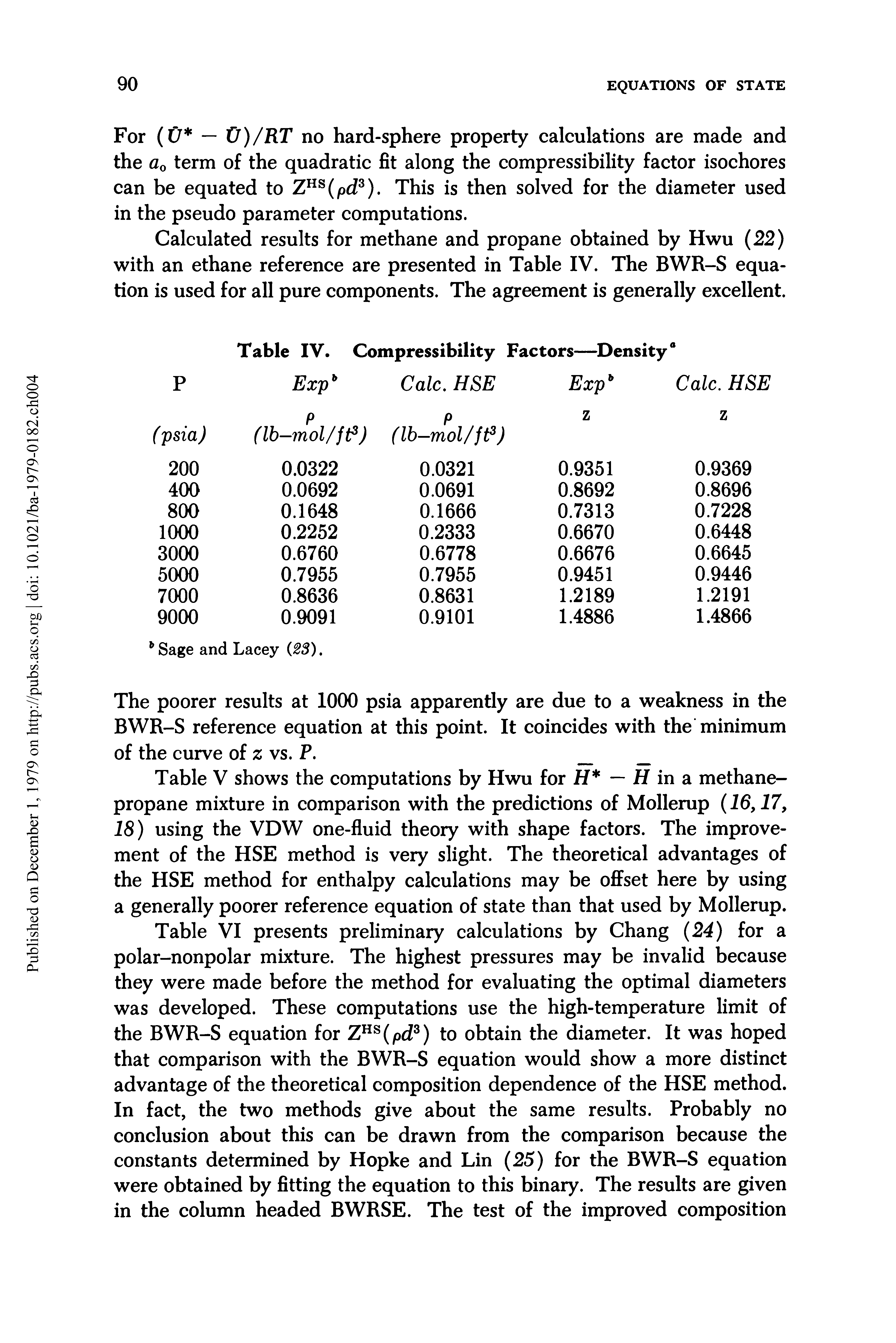 Table V shows the computations by Hwu for FT — H in a methane-propane mixture in comparison with the predictions of Mollerup (16,17, 18) using the VDW one-fluid theory with shape factors. The improvement of the HSE method is very slight. The theoretical advantages of the HSE method for enthalpy calculations may be offset here by using a generally poorer reference equation of state than that used by Mollerup.