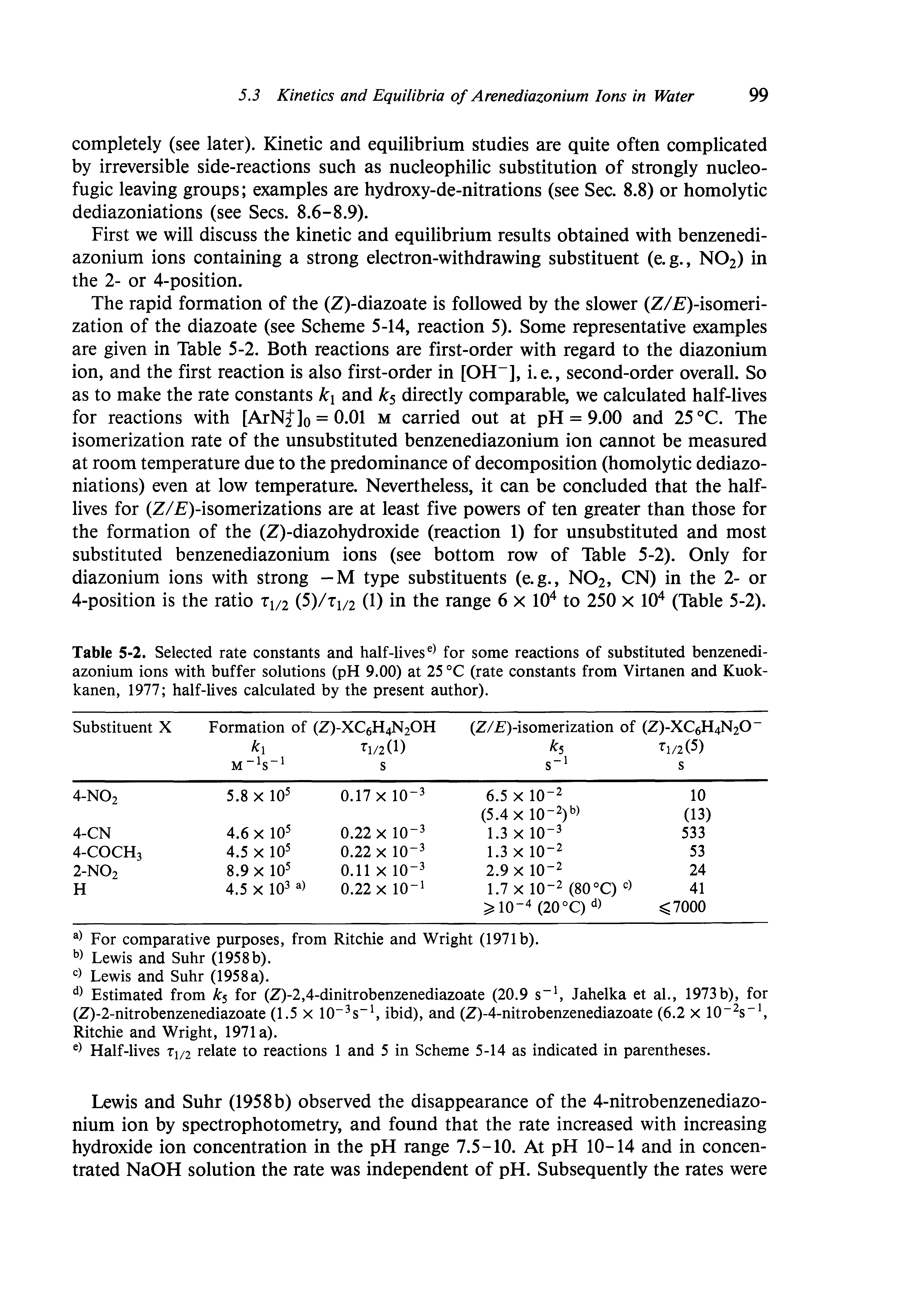 Table 5-2. Selected rate constants and half-livese) for some reactions of substituted benzenediazonium ions with buffer solutions (pH 9.00) at 25 °C (rate constants from Virtanen and Kuok-kanen, 1977 half-lives calculated by the present author).
