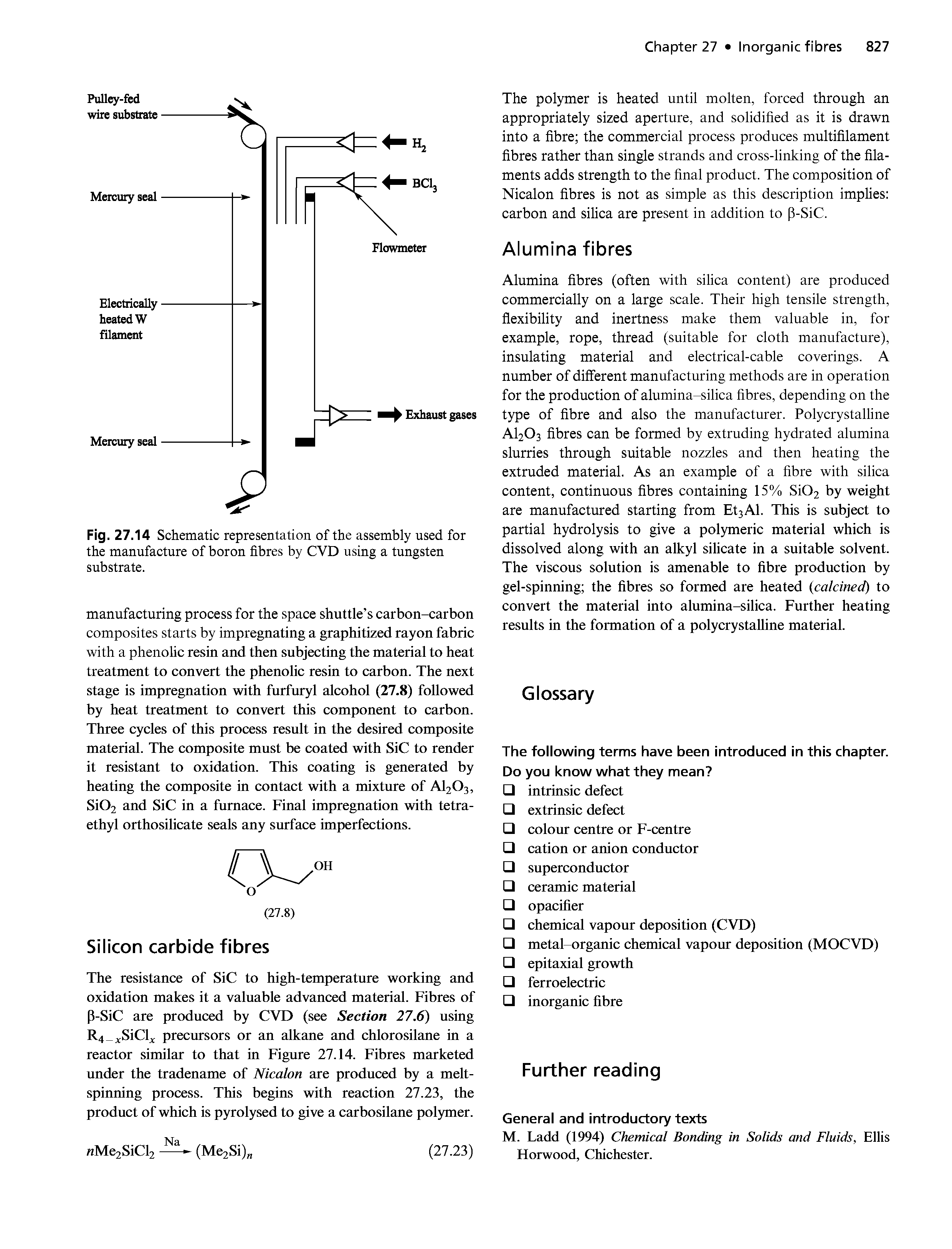 Fig. 27.14 Schematic representation of the assembly used for the manufacture of boron fibres by CVD using a tungsten substrate.