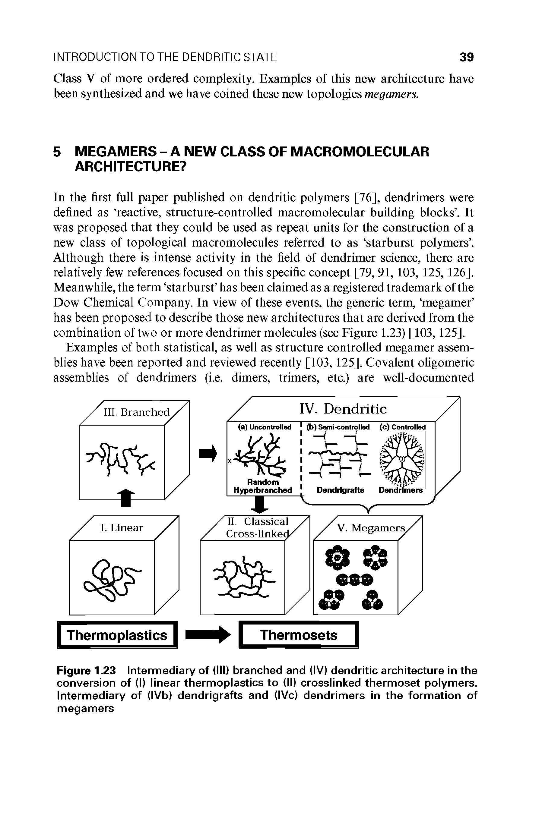 Figure 1.23 Intermediary of (III) branched and (IV) dendritic architecture in the conversion of (I) linear thermoplastics to (II) crosslinked thermoset polymers. Intermediary of (IVb) dendrigrafts and (IVc) dendrimers in the formation of megamers...