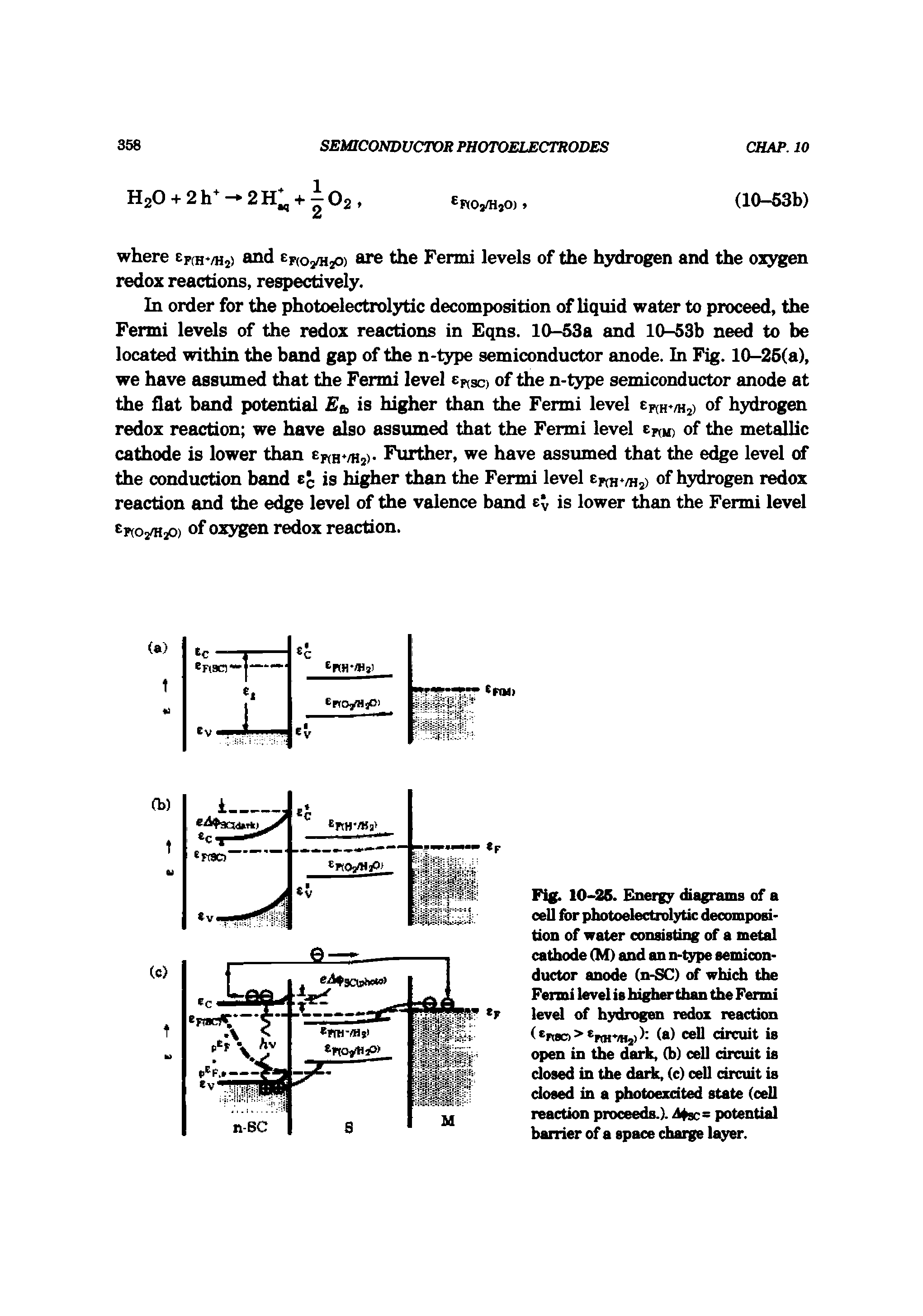 Fig. 10-26. Energy diagrams of a cell for photoelectrolytic decomposition of water consisting of a metal cathode (M) and an n-type semiconductor anode (n-SC) of which the Fermi level is higher than the Fermi level of hydrogen redox reaction ( R8o>ep(H /H2)) (a) cell circuit is open in the dark, (b) cell circuit is closed in the daric, (c) cell circuit is closed in a photoezdted state (cell reaction proceeds.). potential hairier of a space charge layer.