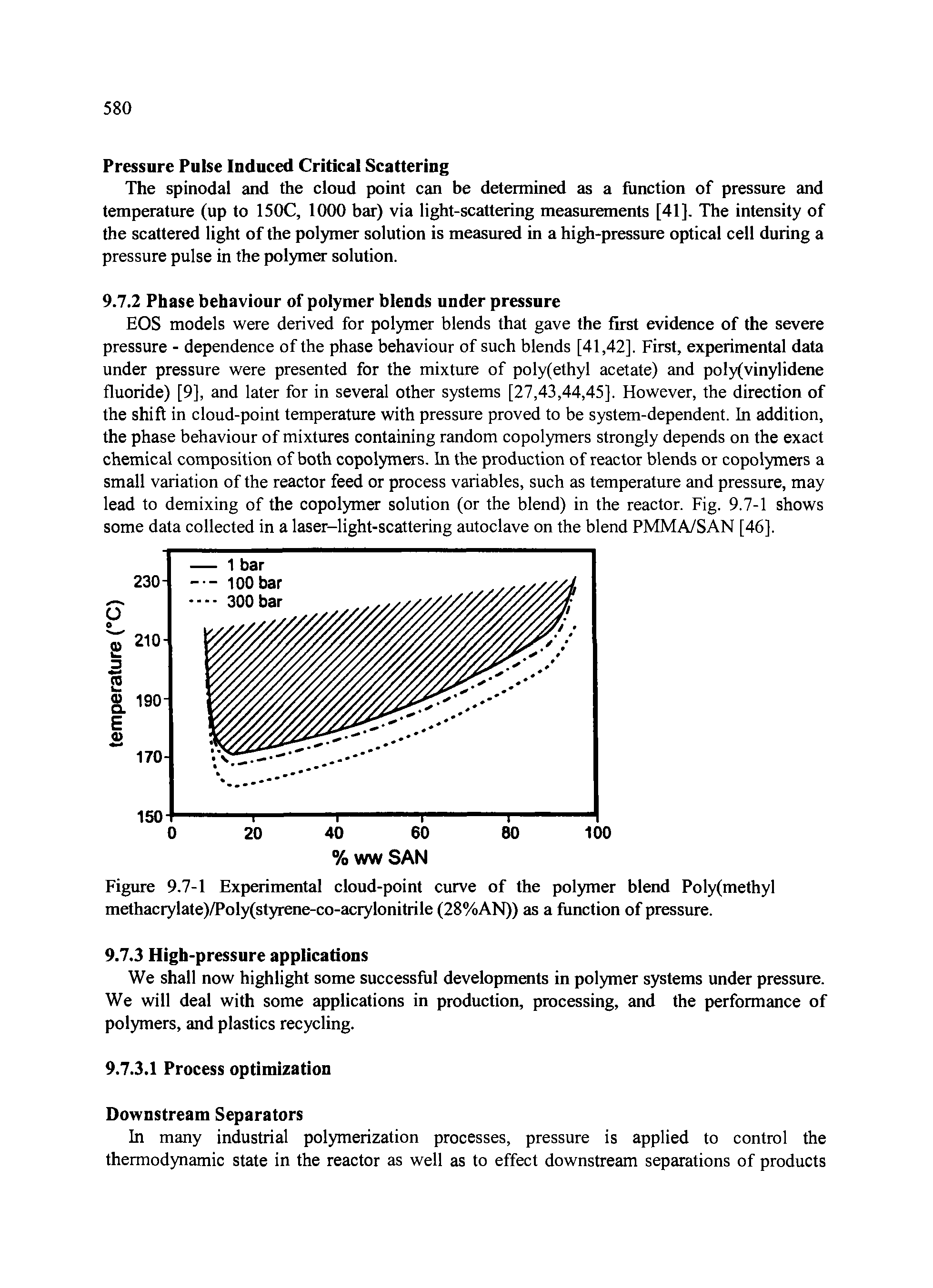 Figure 9.7-1 Experimental cloud-point curve of the polymer blend Poly(methyl methacrylate)/Poly(styrene-co-acrylonitrile (28%AN)) as a function of pressure.