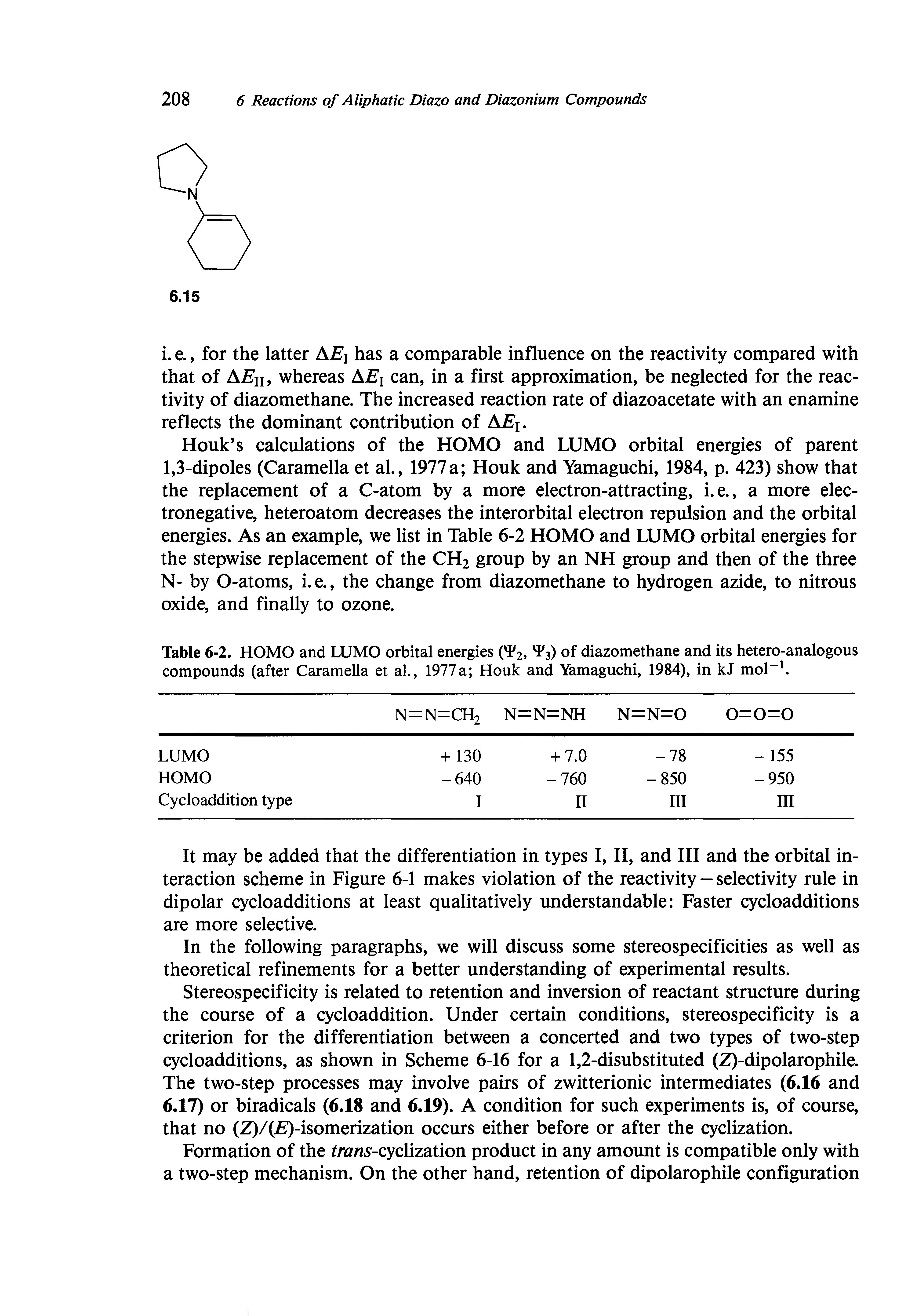 Table 6-2. HOMO and LUMO orbital energies (T2, T3) of diazomethane and its hetero-analogous compounds (after Caramella et al., 1977a Houk and Yamaguchi, 1984), in kJ mol ...