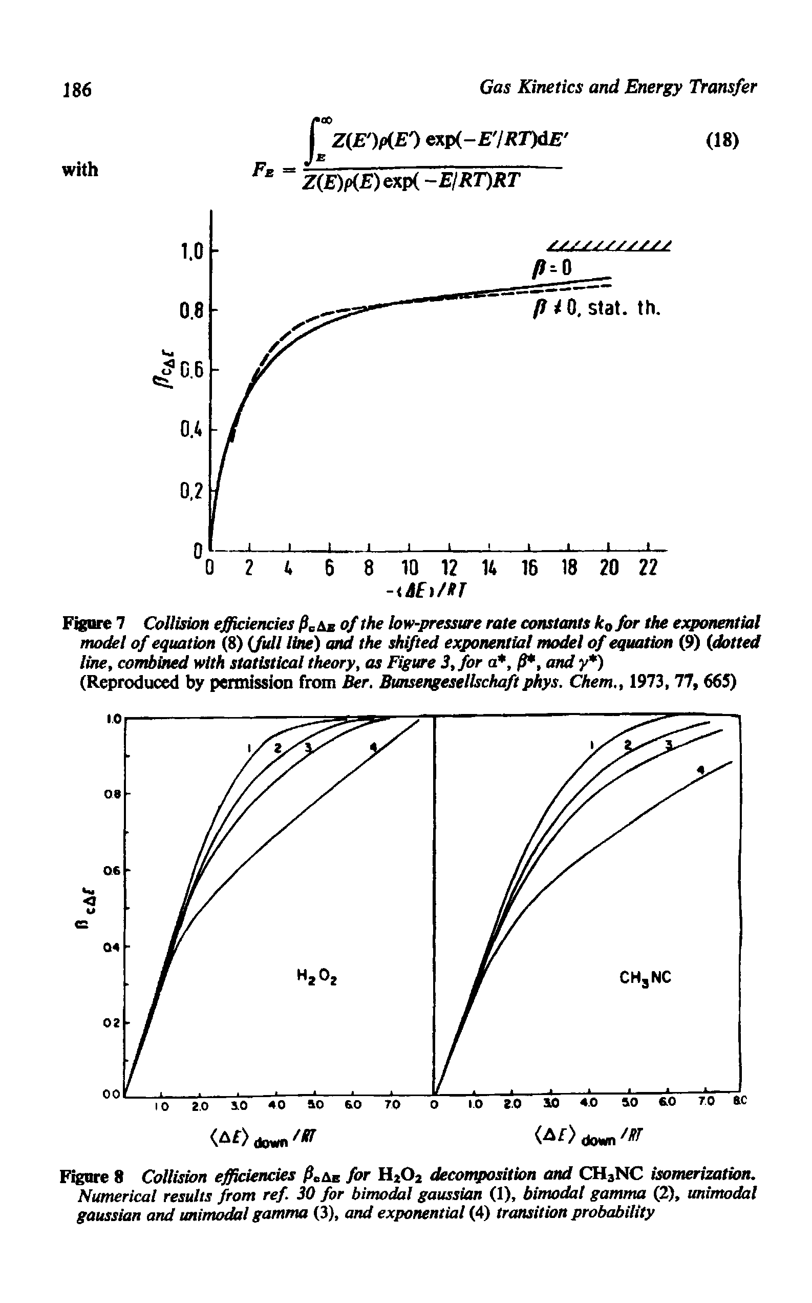 Figure 7 Collision efficiencies Ac of the low-pressure rate constants kofor the expmwntial model of equation (8) (full Ibie) and the shifted exponential model of equatum (9) (dotted line, combined with statistical theory, as Figure 3, for a, ft, and y )...