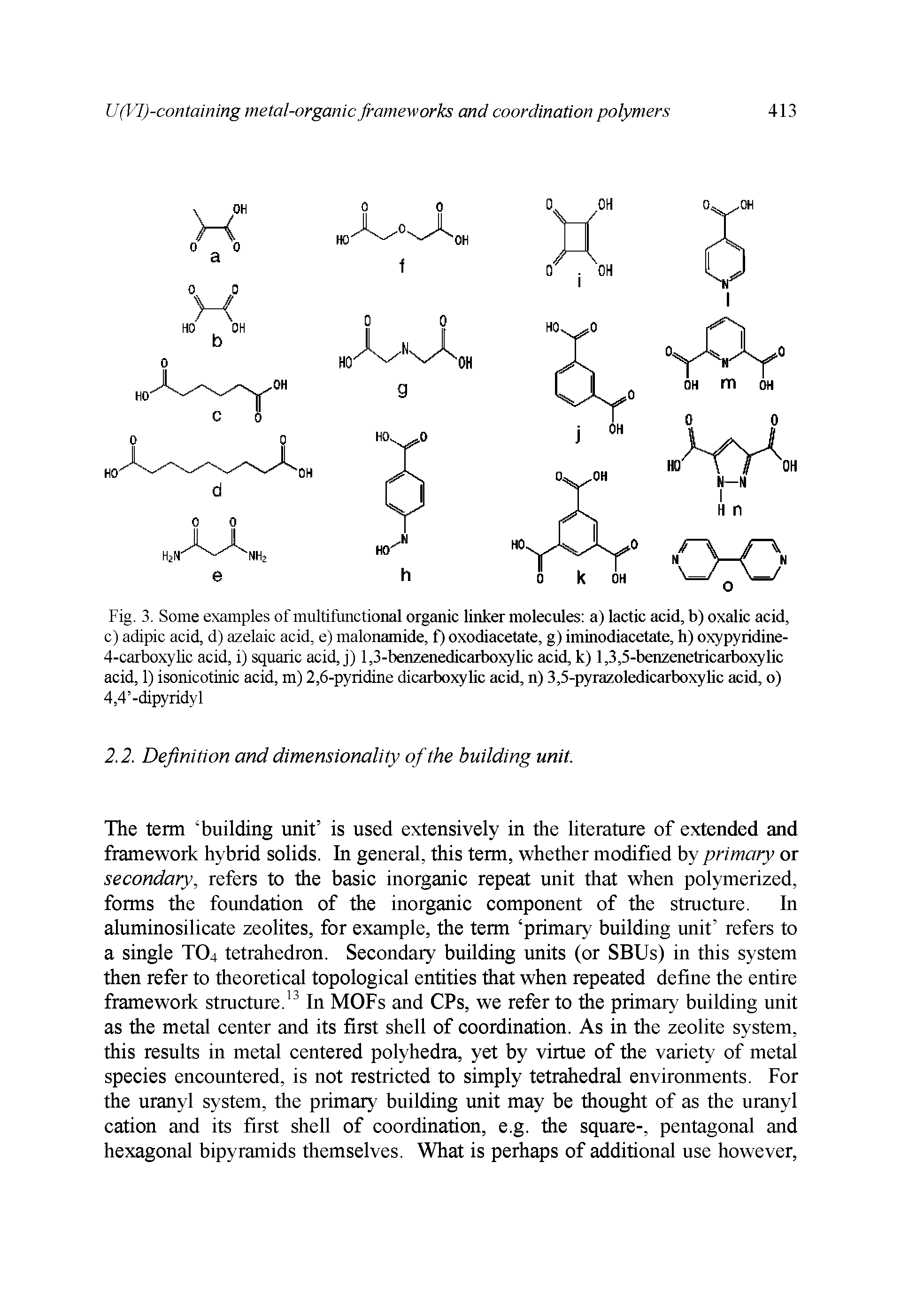 Fig. 3. Some examples of multifunctional organic linker molecules a) lactic acid, b) oxalic acid, c) adipic acid, d) azelaic acid, e) malonamide, f) oxodiacetate, g) iminodiacetate, h) oxypyridine-4-carboxylic acid, i) squaric acid, j) 1,3-benzenedicarboxylic acid, k) 1,3,5-benzenetricarboxylic acid, 1) isonicotinic acid, m) 2,6-pyridine dicarboxyUc acid, n) 3,5-pyrazoledicarboxyUc acid, o) 4,4 -dipyridyl...