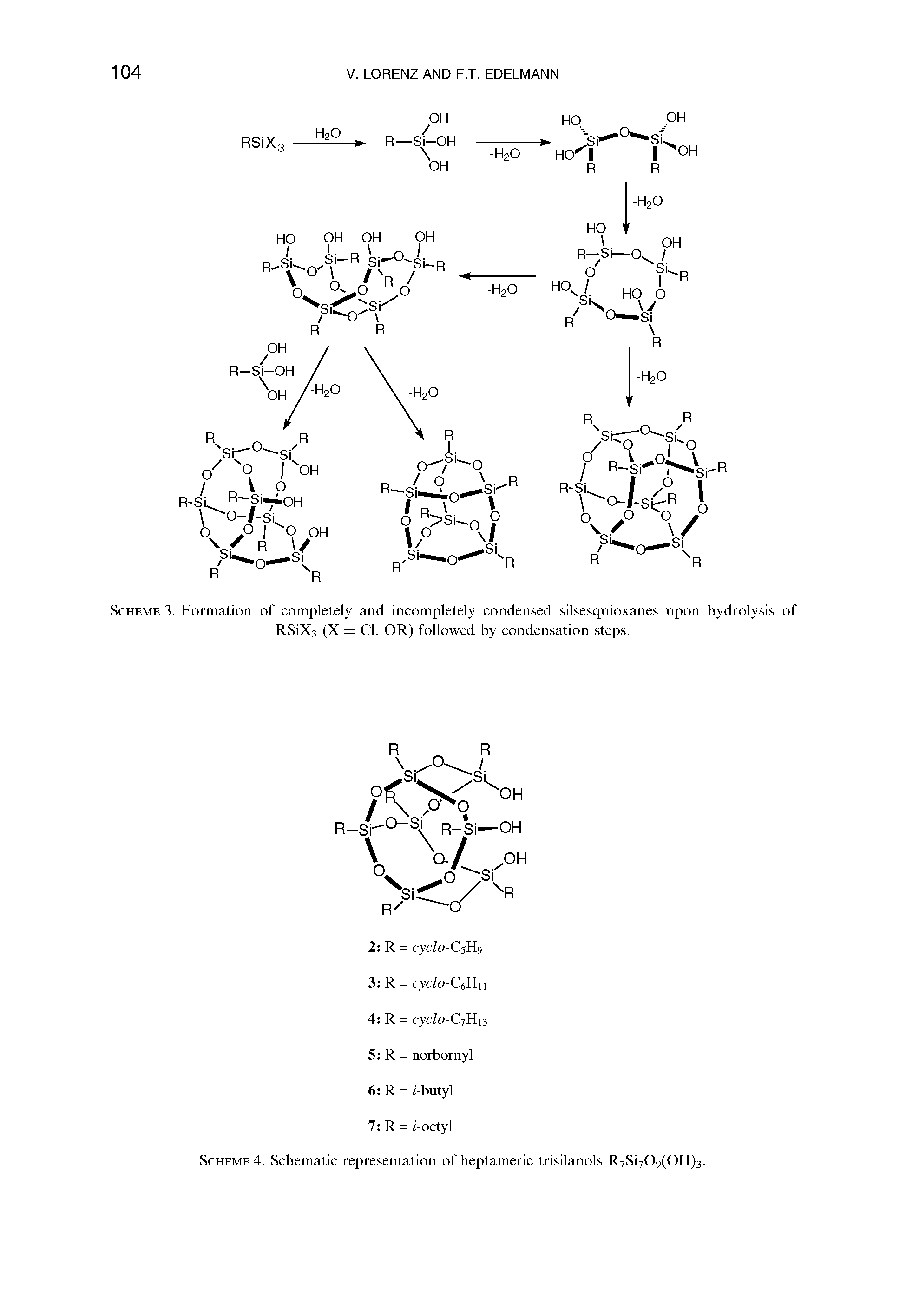 Scheme 3. Formation of completely and incompletely condensed silsesquioxanes upon hydrolysis of RSiXs pc = Cl, OR) followed by condensation steps.