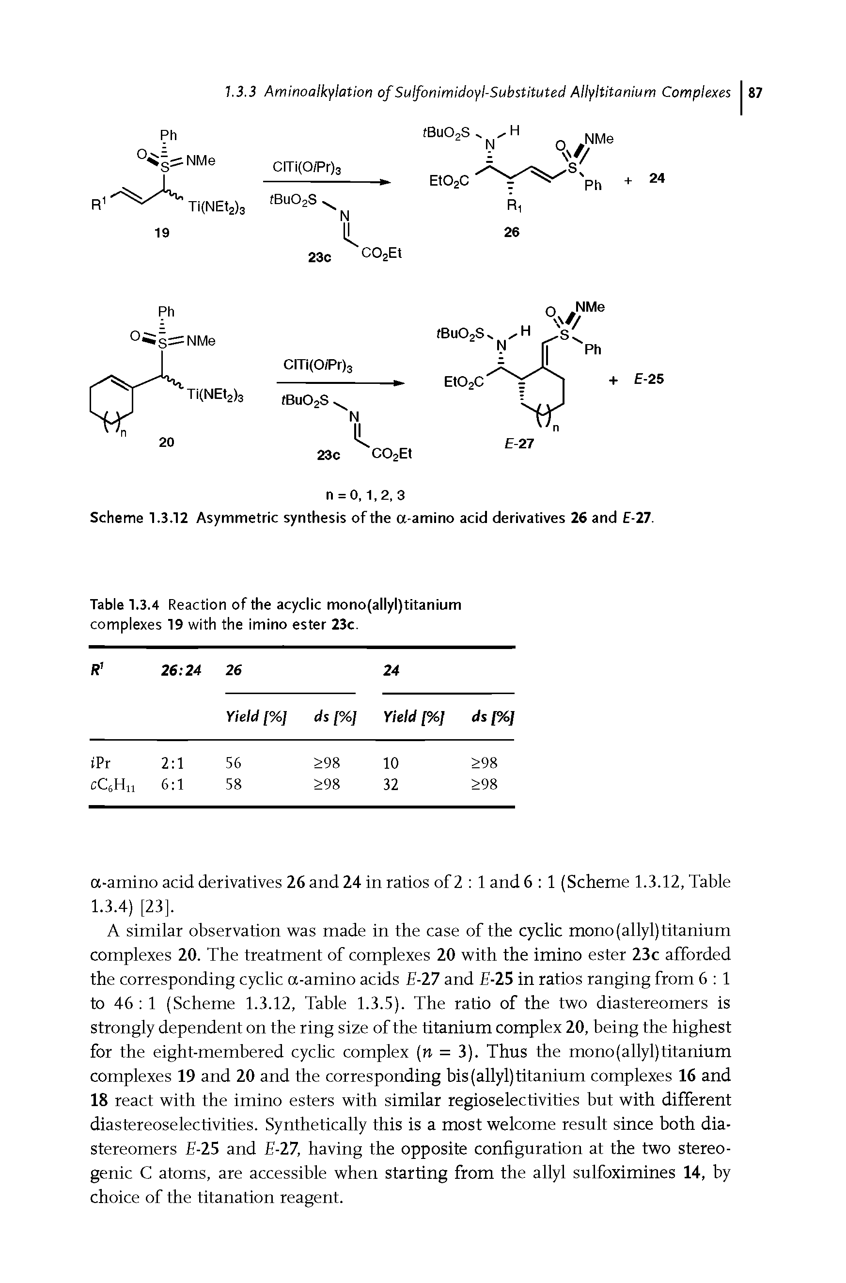 Table 1.3.4 Reaction of the acyclic mono(allyl)titanium complexes 19 with the imino ester 23c.