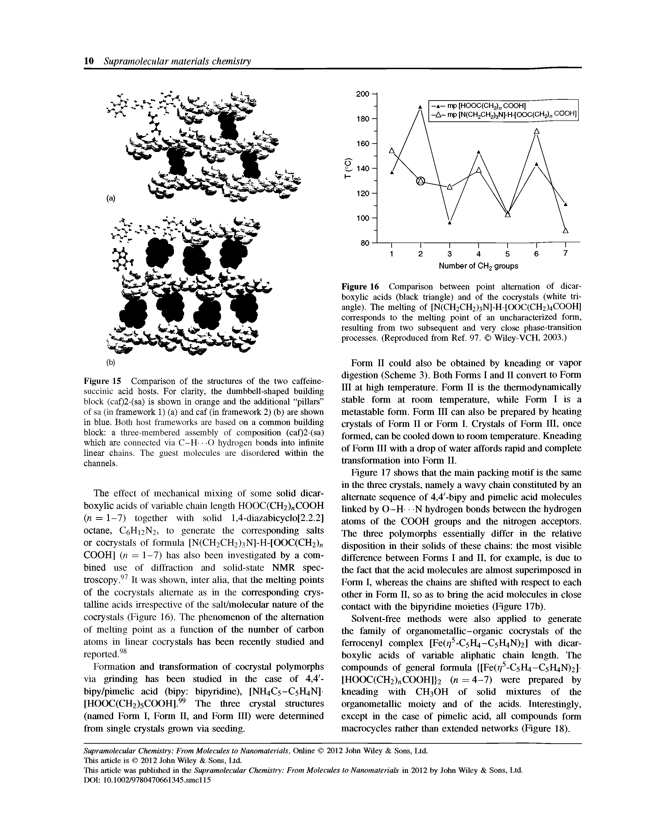 Figure 16 Comparison between point alternation of dicar-boxylic acids (black triangle) and of the cocrystals (white triangle). The melting of [N(CH2CH2)3N]-H-[OOC(CH2)4COOH] corresponds to the melting point of an uncharacterized form, resulting from two subsequent and very close phase-transition processes. (Reproduced from Ref. 97. WUey-VCH, 2003.)...