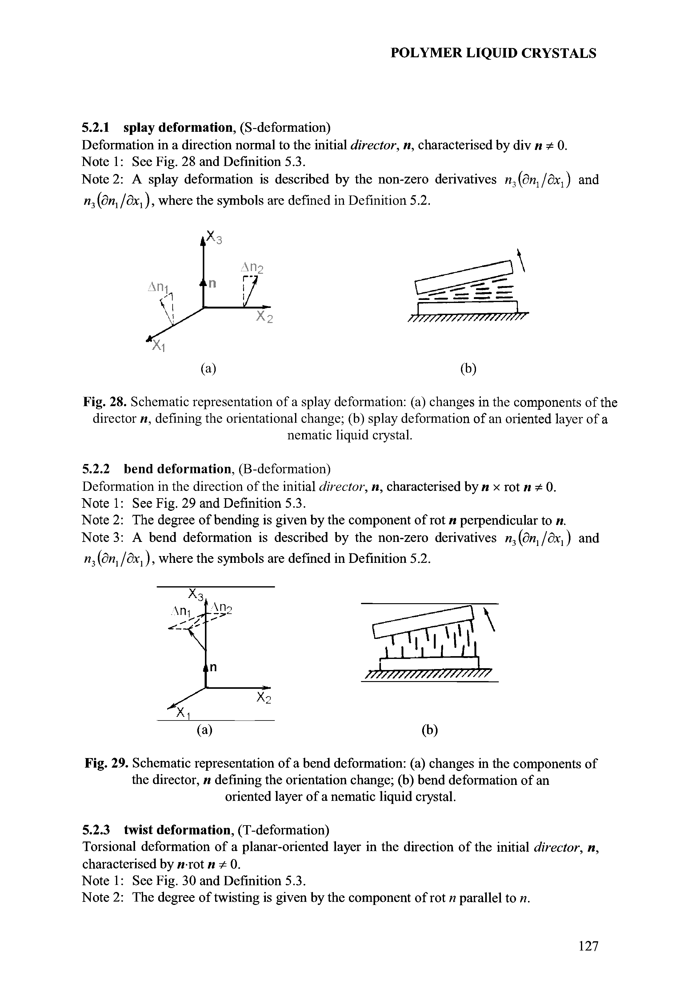 Fig. 28. Schematic representation of a splay deformation (a) changes in the components of the director n, defining the orientational change (b) splay deformation of an oriented layer of a...