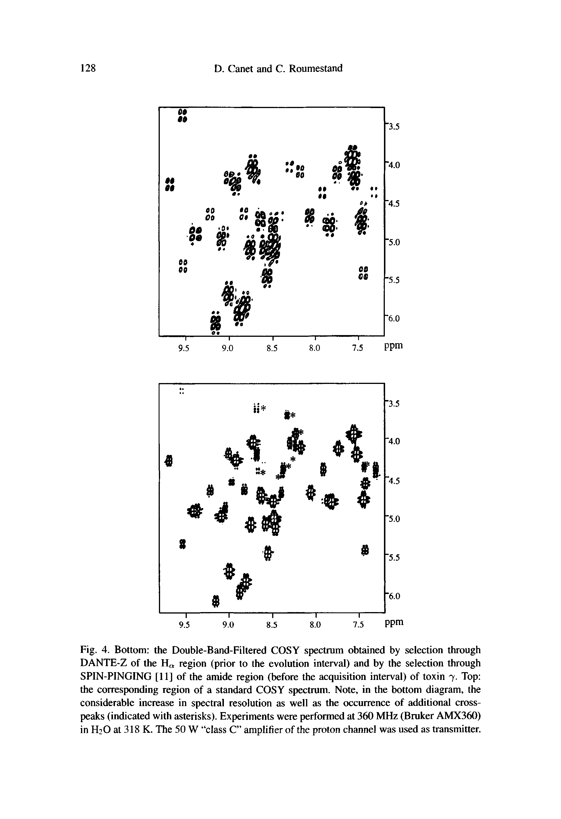 Fig. 4. Bottom the Double-Band-Filtered COSY spectrum obtained by selection through DANTE-Z of the H region (prior to the evolution interval) and by the selection through SPlN-PlNGING [11] of the amide region (before the acquisition interval) of toxin 7. Top the corresponding region of a standard COSY spectrum. Note, in the bottom diagram, the considerable increase in spectral resolution as well as the occurrence of additional crosspeaks (indicated with asterisks). Experiments were performed at 360 MHz (Bruker AMX360) in H2O at 318 K. The 50 W class C amplifier of the proton channel was used as transmitter.