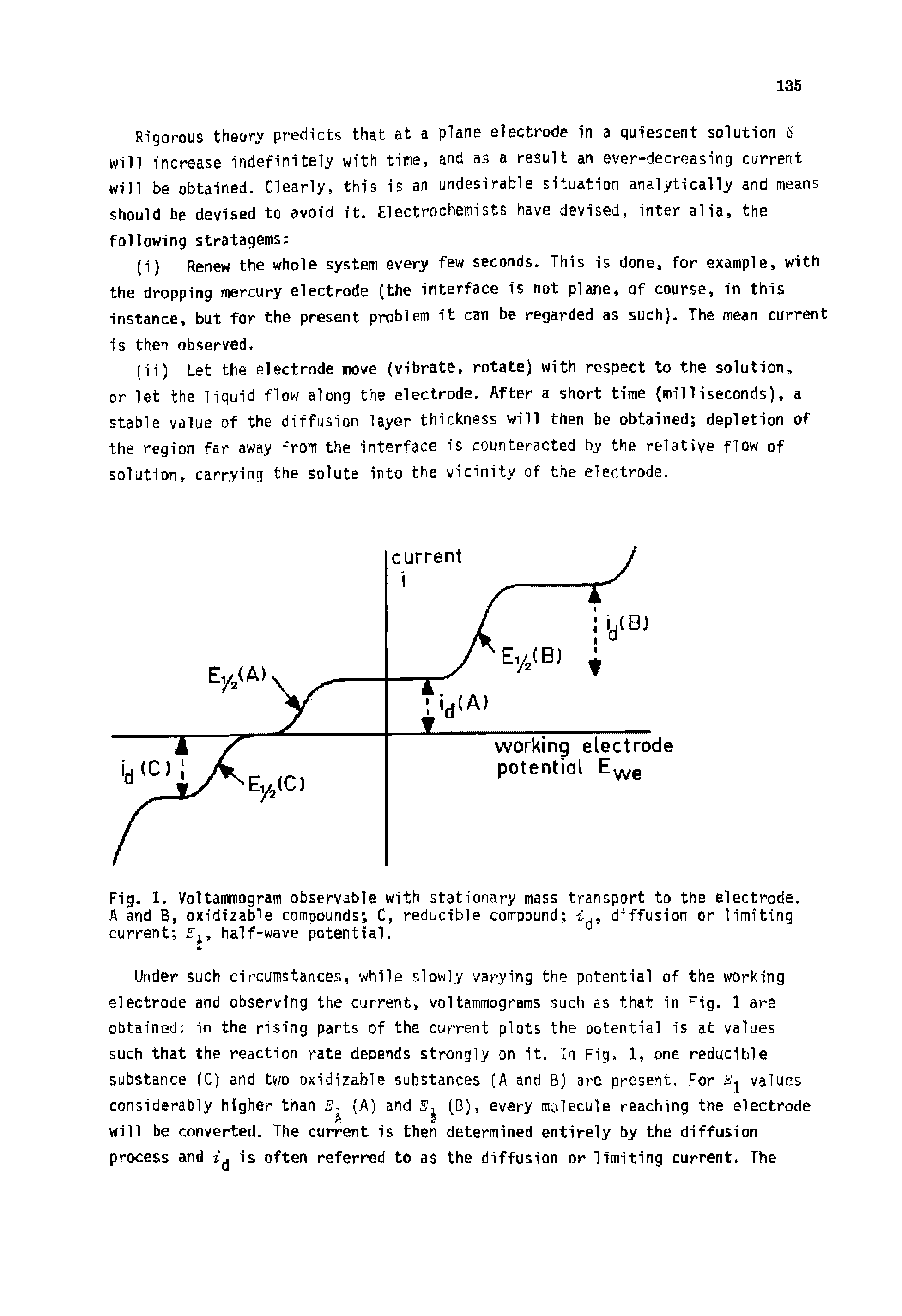 Fig. 1. Voltaimrogram observable with stationary mass transport to the electrode. A and B, oxidi2able compounds C, reducible compound f, diffusion or limiting current ff, half-vrave potential.