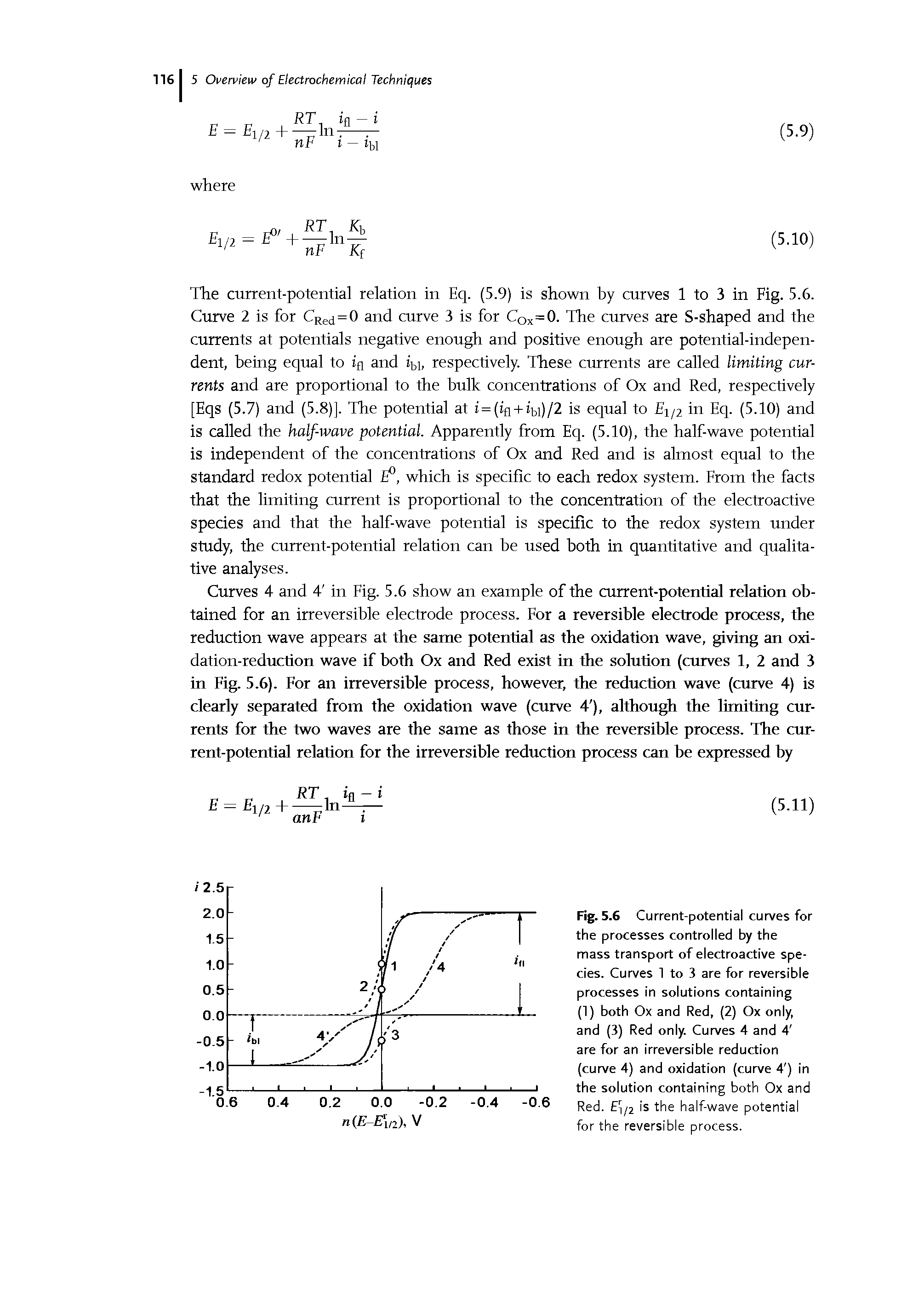 Fig. 5.6 Current-potential curves for the processes controlled by the mass transport of electroactive species. Curves 1 to 3 are for reversible processes in solutions containing (1) both Ox and Red, (2) Ox only, and (3) Red only. Curves 4 and 4 are for an irreversible reduction (curve 4) and oxidation (curve 4 ) in...