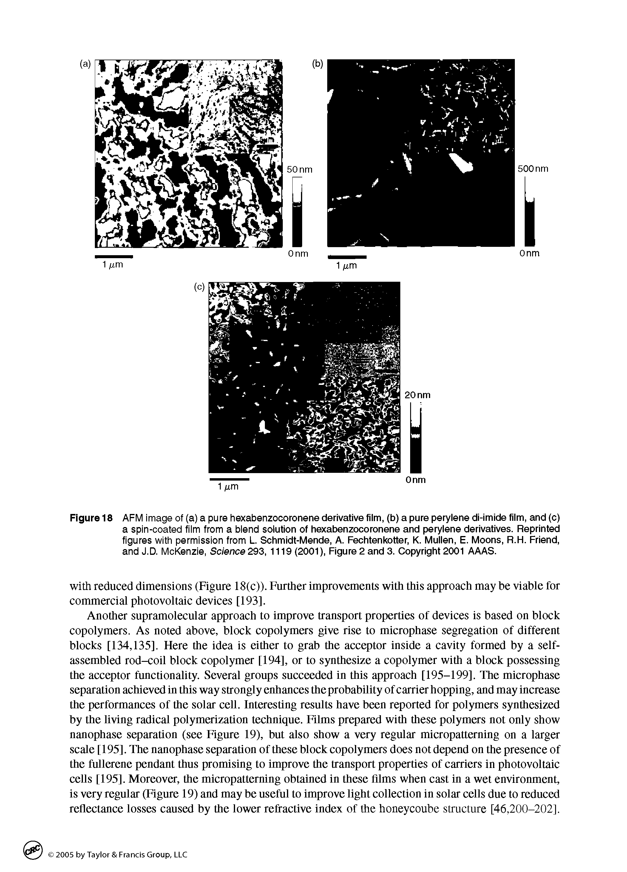 Figure 18 AFM image of (a) a pure hexabenzocoronene derivative fiim, (b) a pure perylene di-imide film, and (c) a spin-coated fiim from a biend soiution of hexabenzocoronene and perylene derivatives. Reprinted figures with permission from L. Schmidt-Mende, A. Fechtenkotter, K. Mullen, E. Moons, R.H. Friend, and J.D. McKenzie, Sc/ ence 293, 1119(2001), Figure2and3. Copyright 2001 AAAS.