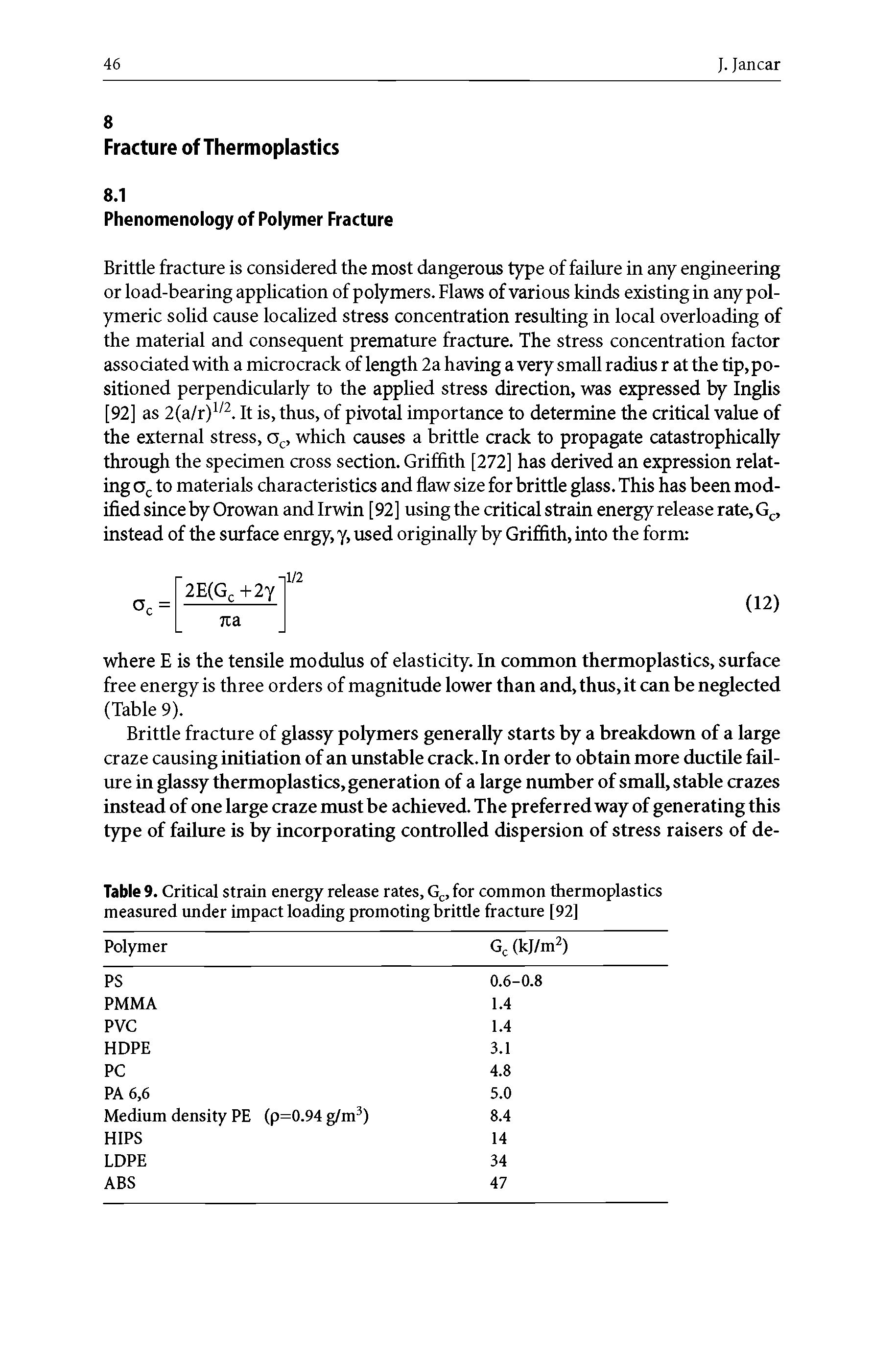 Table 9. Critical strain energy release rates, G ., for common thermoplastics measured under impact loading promoting brittle fracture [92]...