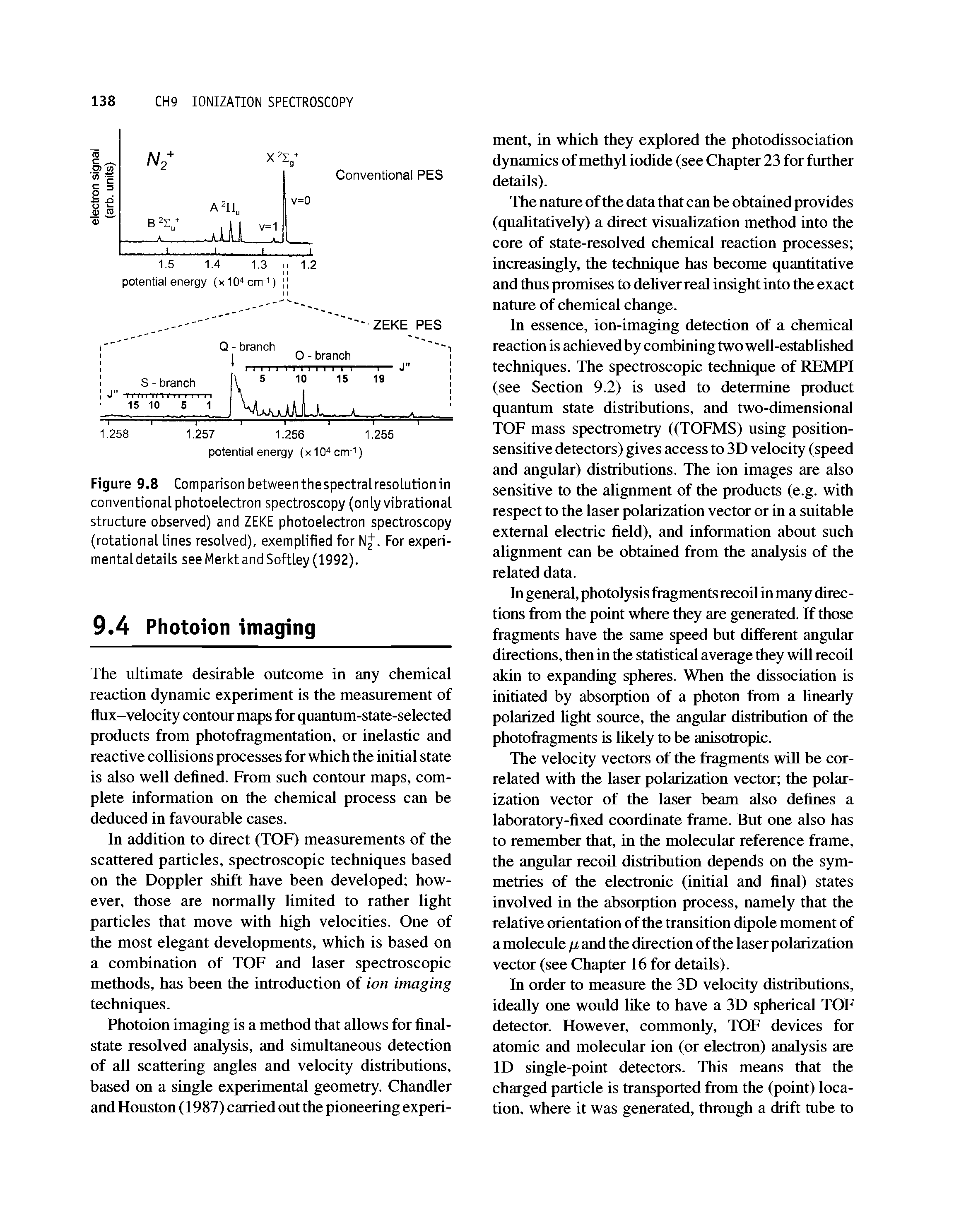 Figure 9.8 Comparison between thespectralresolutionin conventional photoelectron spectroscopy (only vibrational structure observed) and ZEKE photoelectron spectroscopy (rotational lines resolved), exemplified for N. For experimental details see Merkt and Softley (1992).