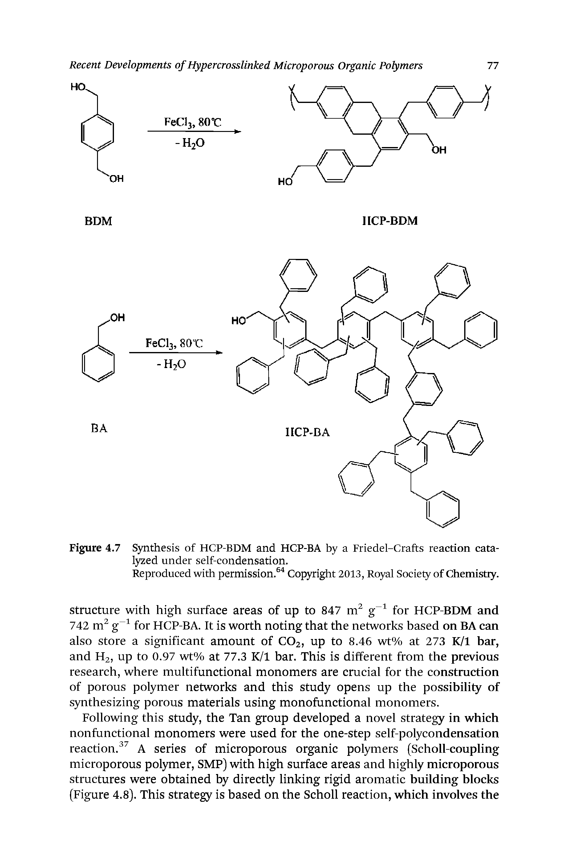 Figure 4.7 S3Tithesis of HCP-BDM and HCP-BA by a Friedel-Crafts reaction cata-l5 ed under self-condensation.
