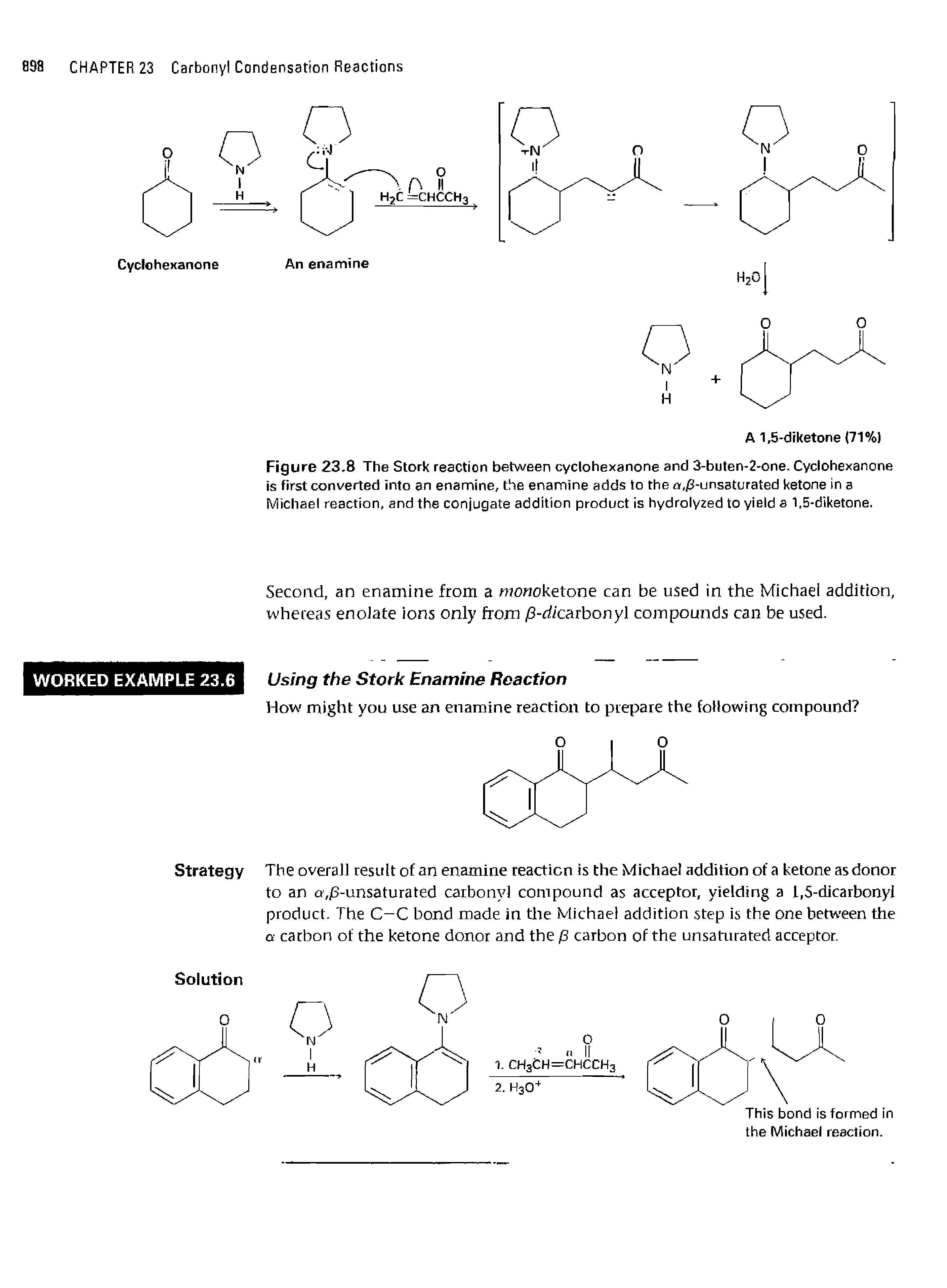 Figure 23.8 The Stork reaction between cyclohexanone and 3-buten-2-one. Cyclohexanone is first converted into an enamine, the enamine adds to the a -unsaturated ketone in a Michael reaction, and the conjugate addition product is hydrolyzed to yield a 1,5-diketone.