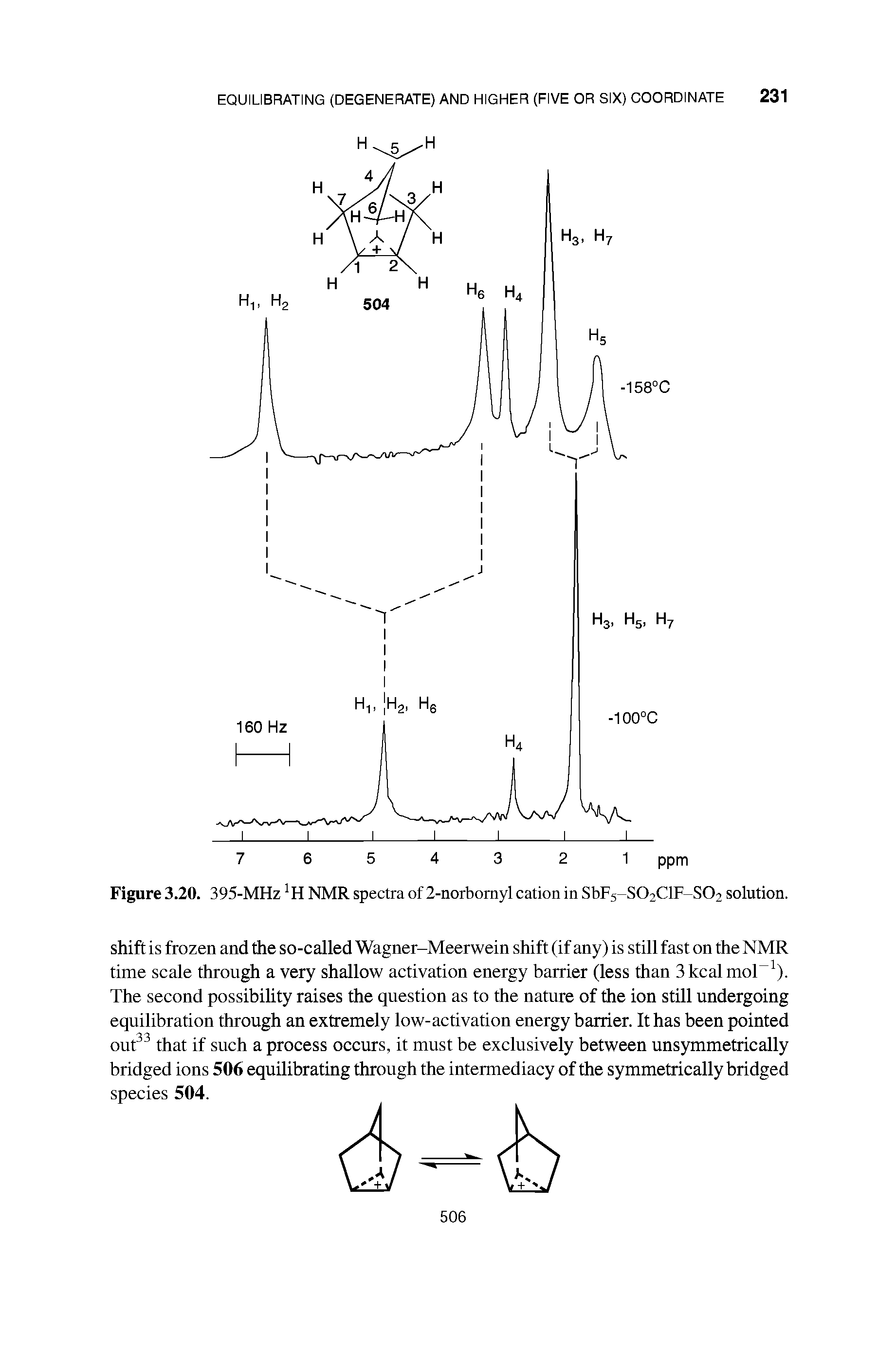 Figure 3.20. 395-MHz1H NMR spectra of 2-norbomyl cation in SbF5-S02ClF-S02 solution.